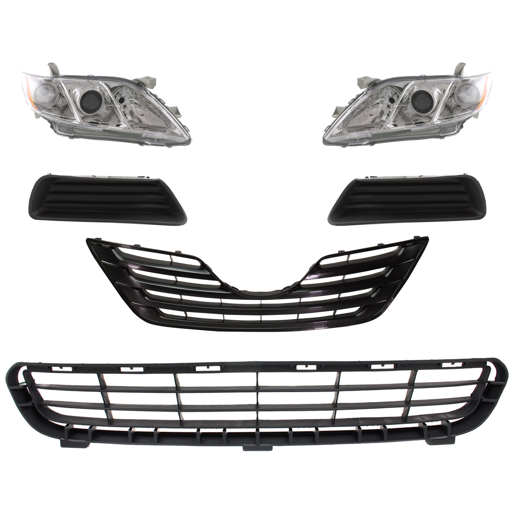 AM CAMRY 07-09 HEAD LAMP RH AND LH 6 Pc kit Lens and Housing Halogen with Bumper Grille Fog Light Cover and Grille Assembly SKU KIT 092823-89 Partslink TO2502167 TO2503167 TO1036103 TO2598103 TO2599103 TO1200288 OEM 8113033652-8117033652-53112060