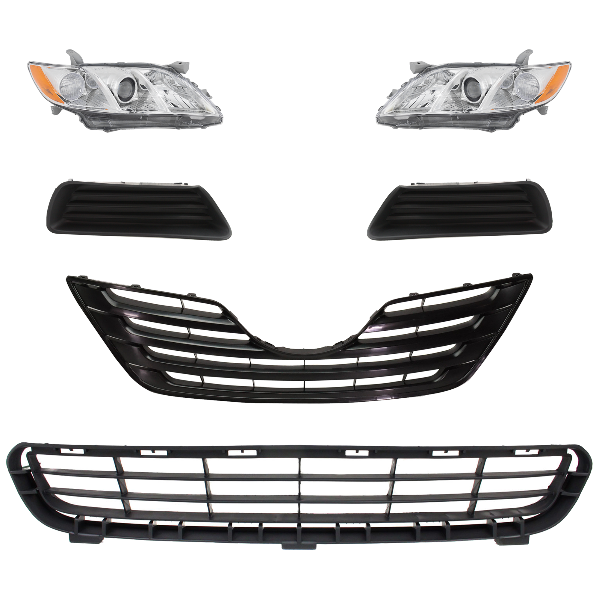 AM CAMRY 07-09 HEAD LAMP RH AND LH 6 Pc kit Lens and Housing Halogen with Bumper Grille Fog Light Cover and Grille Assembly SKU KIT 092823-90 Partslink TO2518105 TO2519105 TO1036103 TO2598103 TO2599103 TO1200288 OEM 8113006201-8117006201-53112060