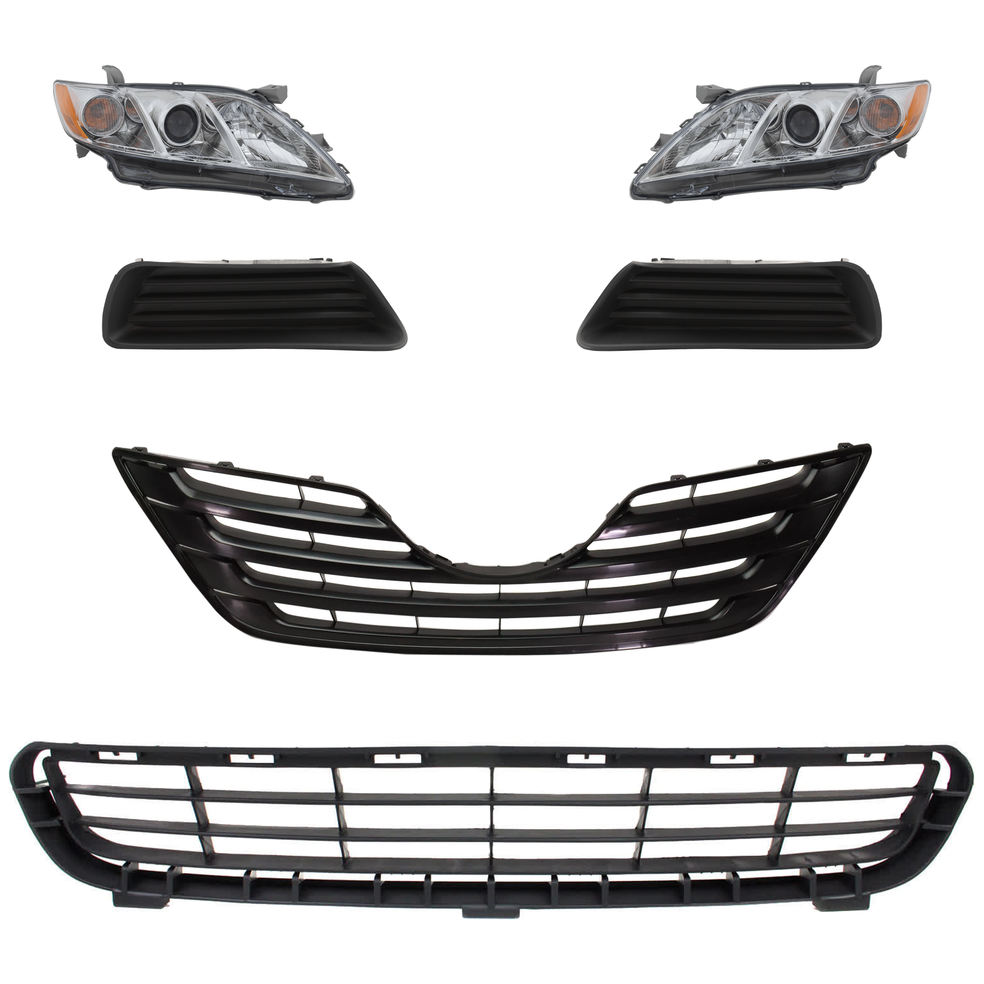 AM CAMRY 07-09 HEAD LAMP RH AND LH 6 Pc kit Assembly Halogen with Bumper Grille Fog Light Cover and Grille Assembly SKU KIT 092823-91 Partslink TO2502197 TO2503197 TO1036103 TO2598103 TO2599103 TO1200288 OEM 8111006B90-8115006B90-53112060