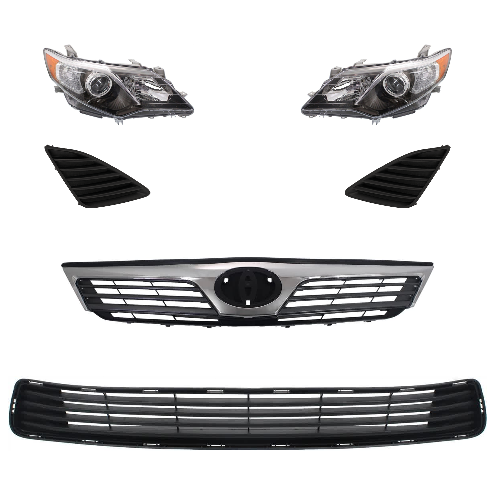 AM CAMRY 12-14 HEAD LAMP RH AND LH 6 Pc kit Lens and Housing HID Xenon with Bumper Grille Fog Light Cover and Grille Assembly SKU KIT 092823-93 Partslink TO2518135 TO2519135 TO1036128 TO1038147 TO1039147 TO1200344 OEM 8113006890-8117006890-53112062