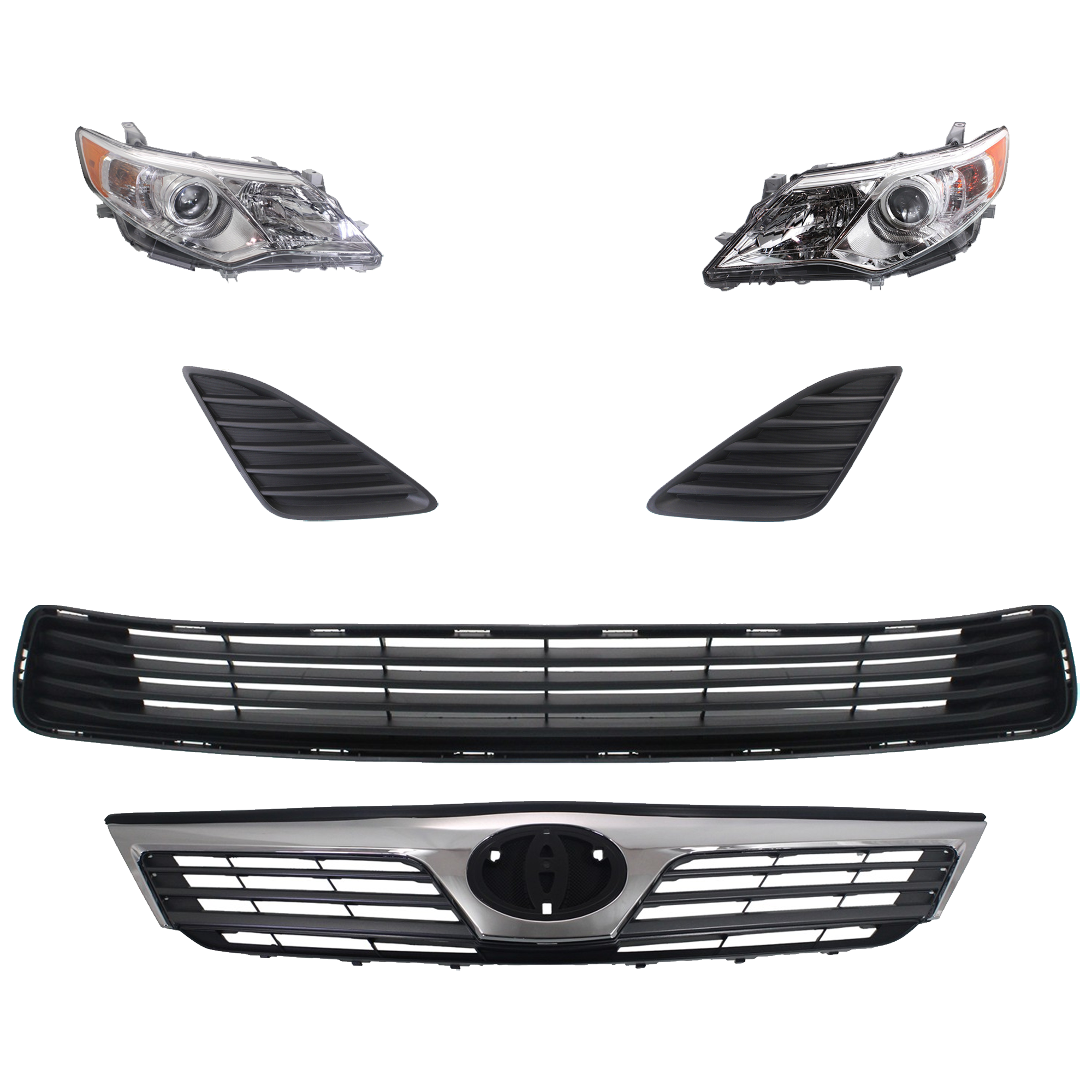 AM CAMRY 12-14 HEAD LAMP RH AND LH 6 Pc kit Assembly Halogen with Bumper Grille Fog Light Cover and Grille Assembly SKU KIT 092823-94 Partslink TO2502211 TO2503211 TO1036128 TO1038147 TO1039147 TO1200344 OEM 8111006470-8115006470-53112062