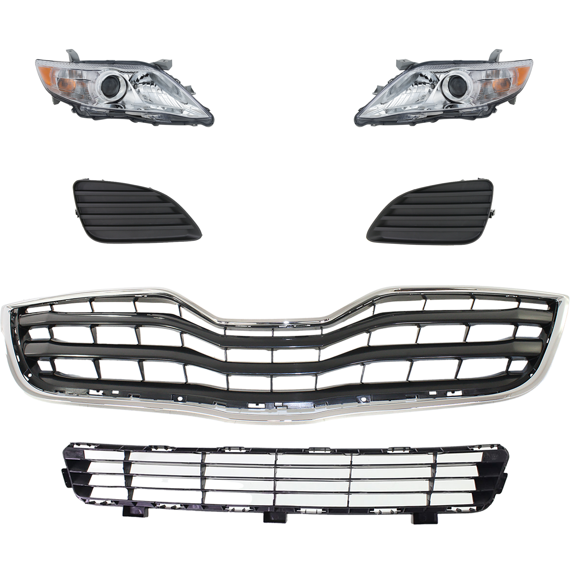 AM CAMRY 10-11 HEAD LAMP RH AND LH 6 Pc kit Lens and Housing Halogen with Bumper Grille Fog Light Cover and Grille Assembly SKU KIT 092823-97 Partslink TO2518125 TO2519125 TO1036118 TO1038130 TO1039130 TO1200324 OEM 8113033700-8117033700-53112060