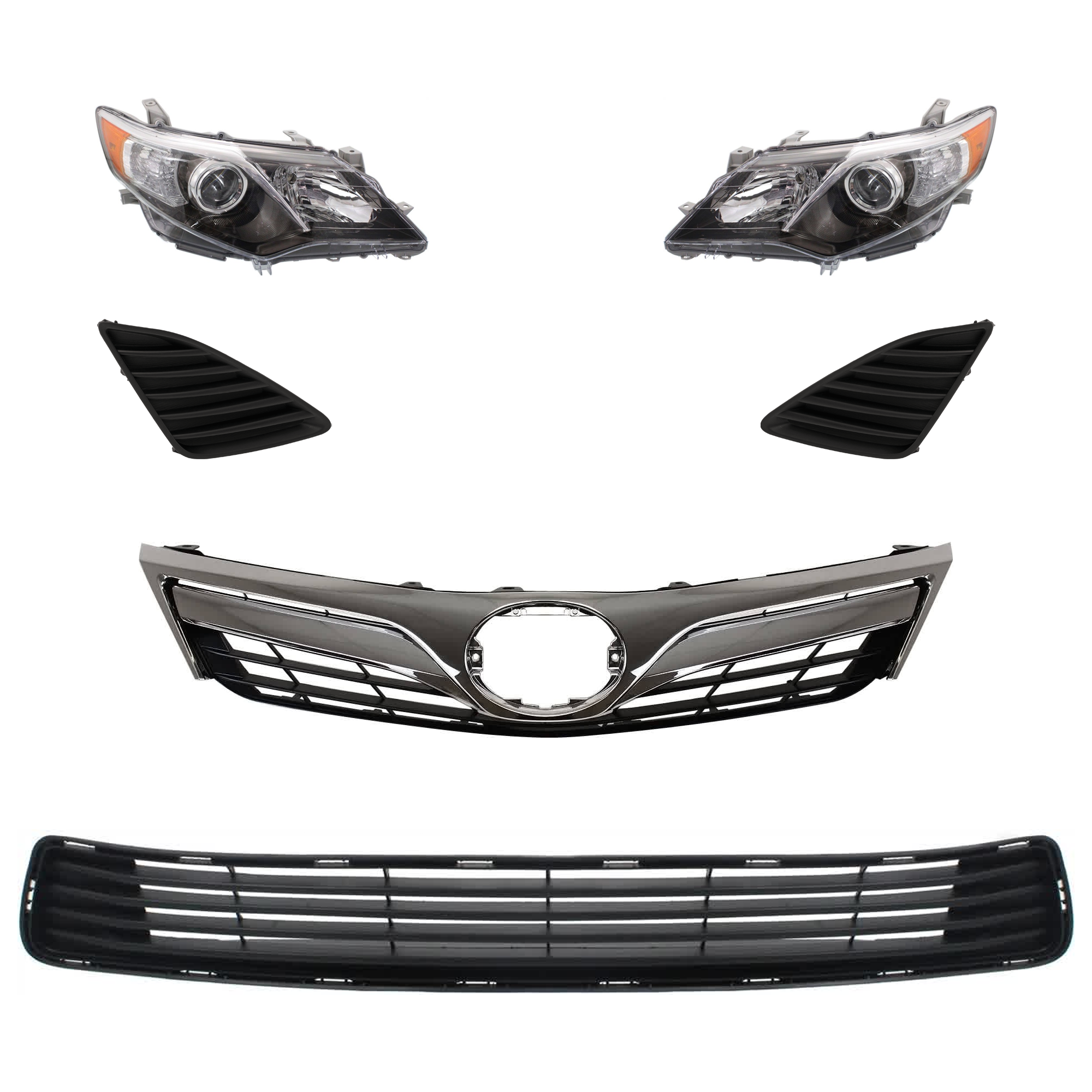 AM CAMRY 12-14 HEAD LAMP RH AND LH 6 Pc kit Lens and Housing HID Xenon with Bumper Grille Fog Light Cover and Grille Assembly SKU KIT 092823-99 Partslink TO2518135 TO2519135 TO1036128 TO1038147 TO1039147 TO1200343 OEM 8113006890-8117006890-53112062
