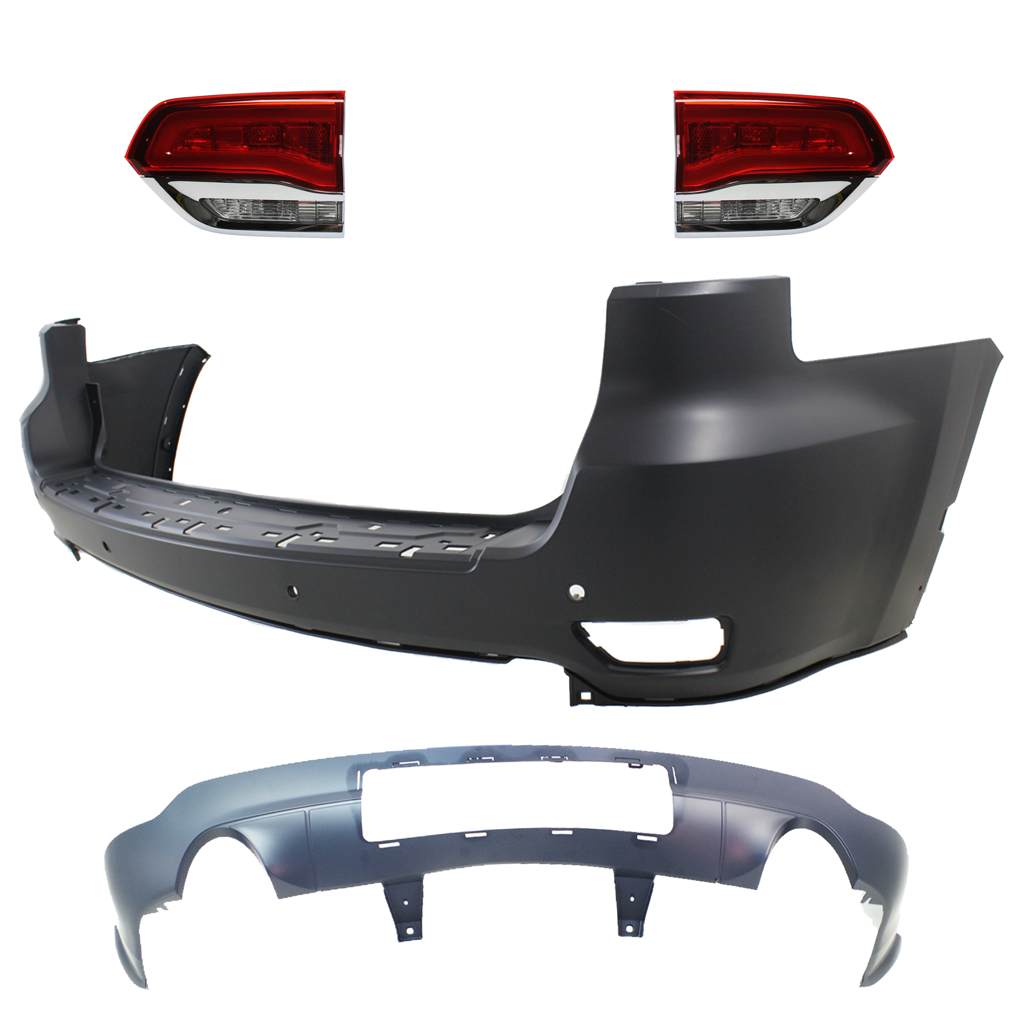 AM GRAND CHEROKEE 14-15 TAIL LAMP RH AND LH Inner Assembly Halogen 4 pc Kit with Bumper Cover SKU KIT 092923-01 Partslink CH2802105 CH2803105 CH1115108 CH1100985 OEM 68110046AH 68110047AH 1VQ68TZZ