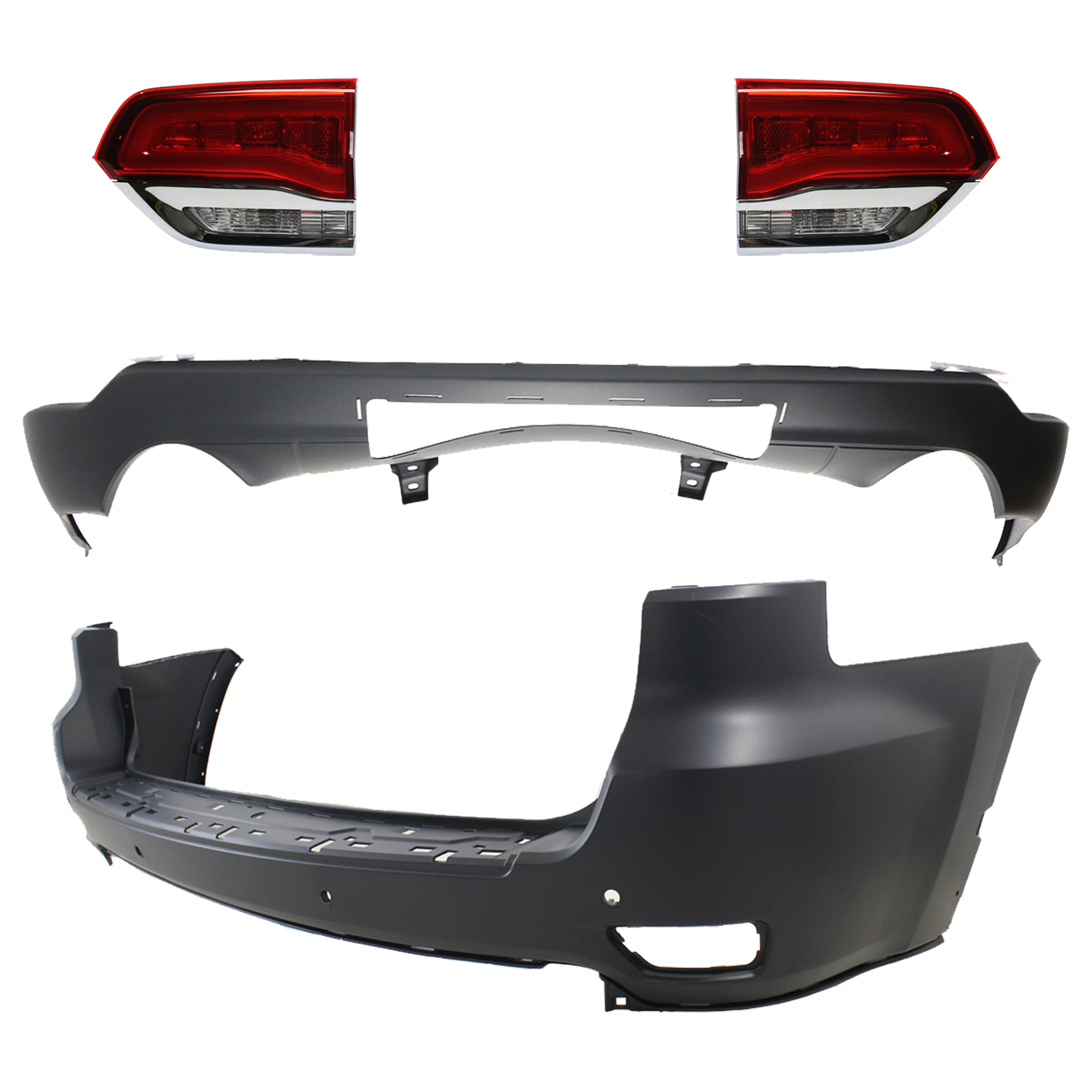 AM GRAND CHEROKEE 14-15 TAIL LAMP RH AND LH Inner Assembly Halogen 4 pc Kit with Bumper Cover SKU KIT 092923-03 Partslink CH2802105 CH2803105 CH1195104 CH1100985 OEM 68110046AH 68110047AH 68111470