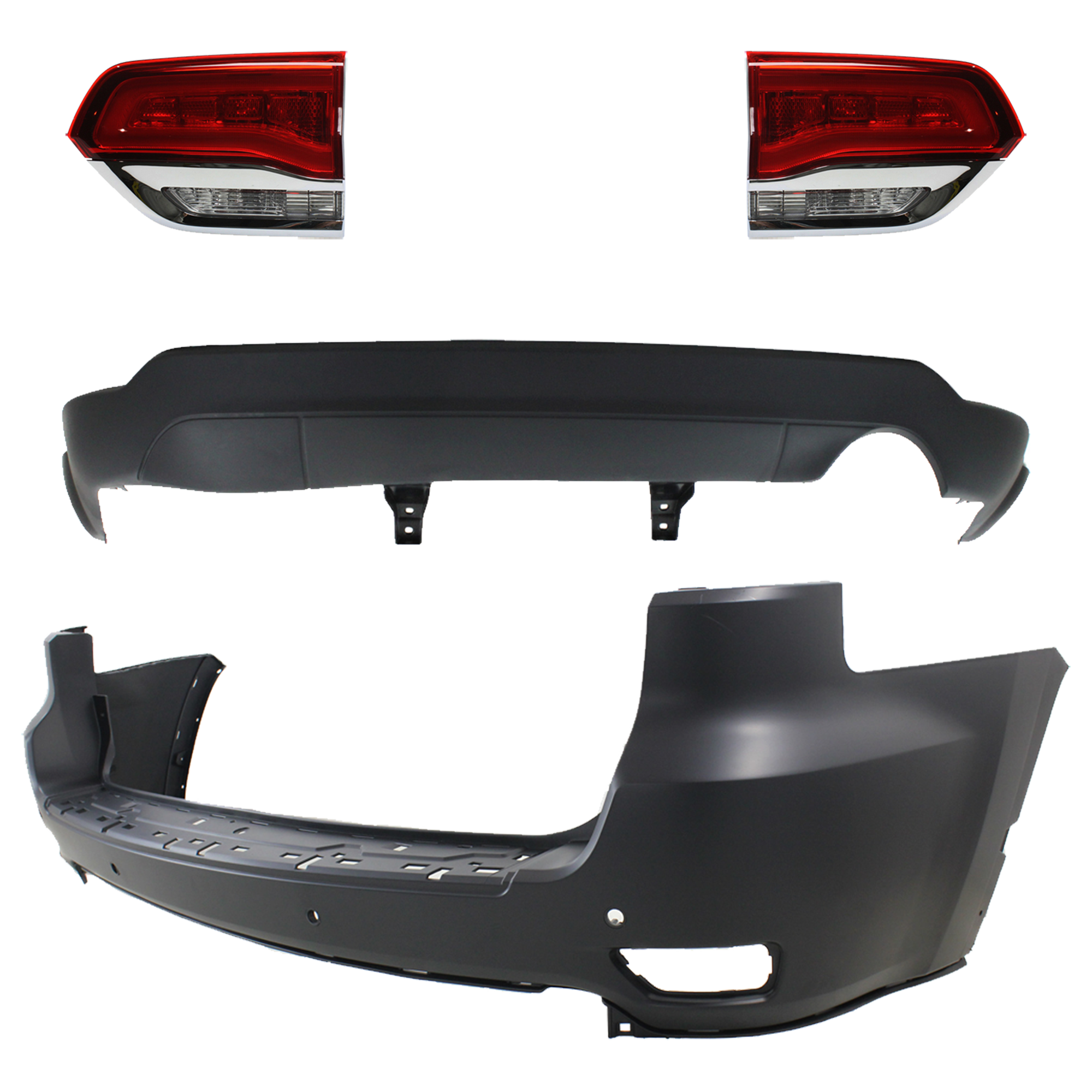 AM GRAND CHEROKEE 14-15 TAIL LAMP RH AND LH Inner Assembly Halogen 4 pc Kit with Bumper Cover SKU KIT 092923-04 Partslink CH2802105 CH2803105 CH1195101 CH1100985 OEM 68110046AH 68110047AH 68111467