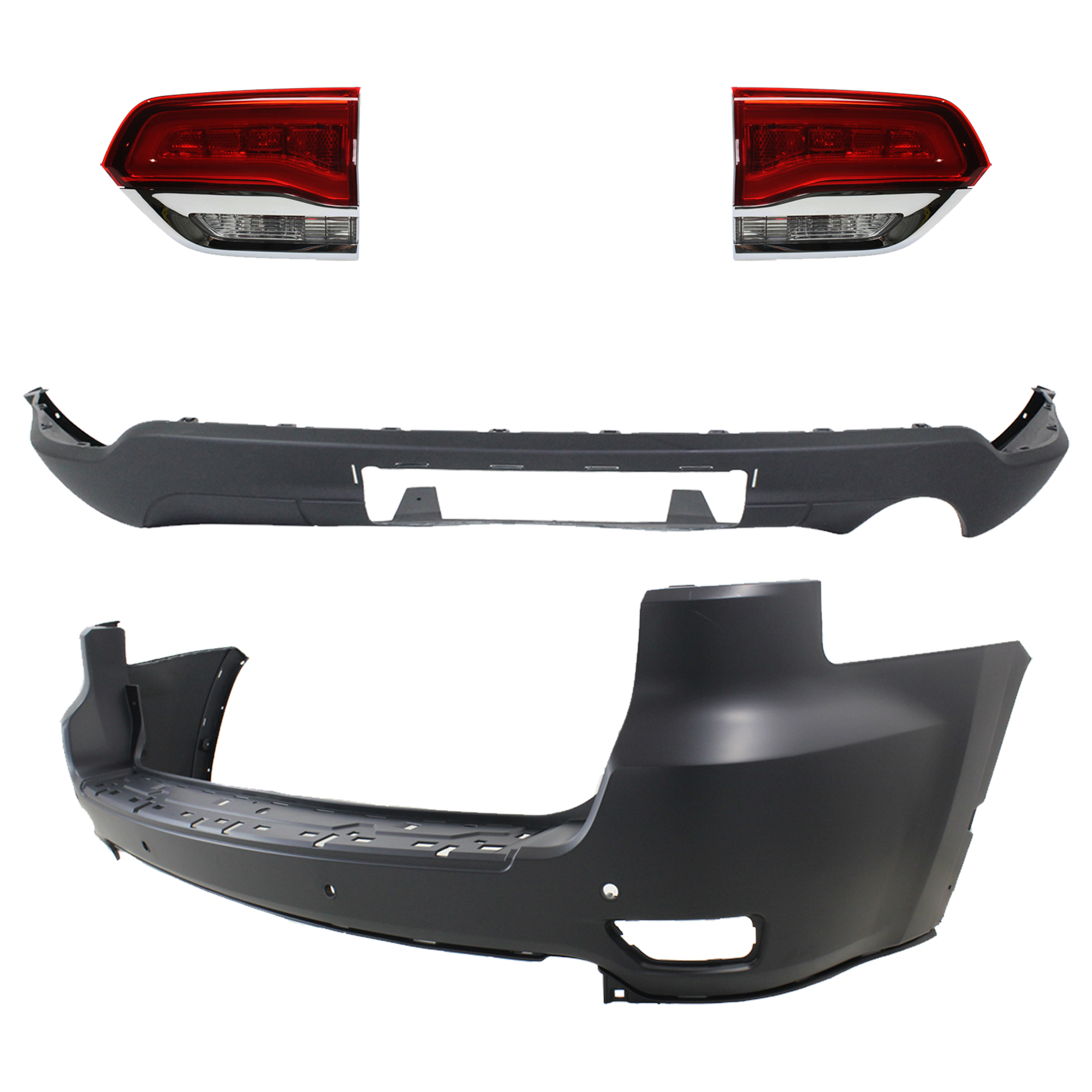 AM GRAND CHEROKEE 14-15 TAIL LAMP RH AND LH Inner Assembly Halogen 4 pc Kit with Bumper Cover SKU KIT 092923-05 Partslink CH2802105 CH2803105 CH1195102 CH1100985 OEM 68110046AH 68110047AH 68111468