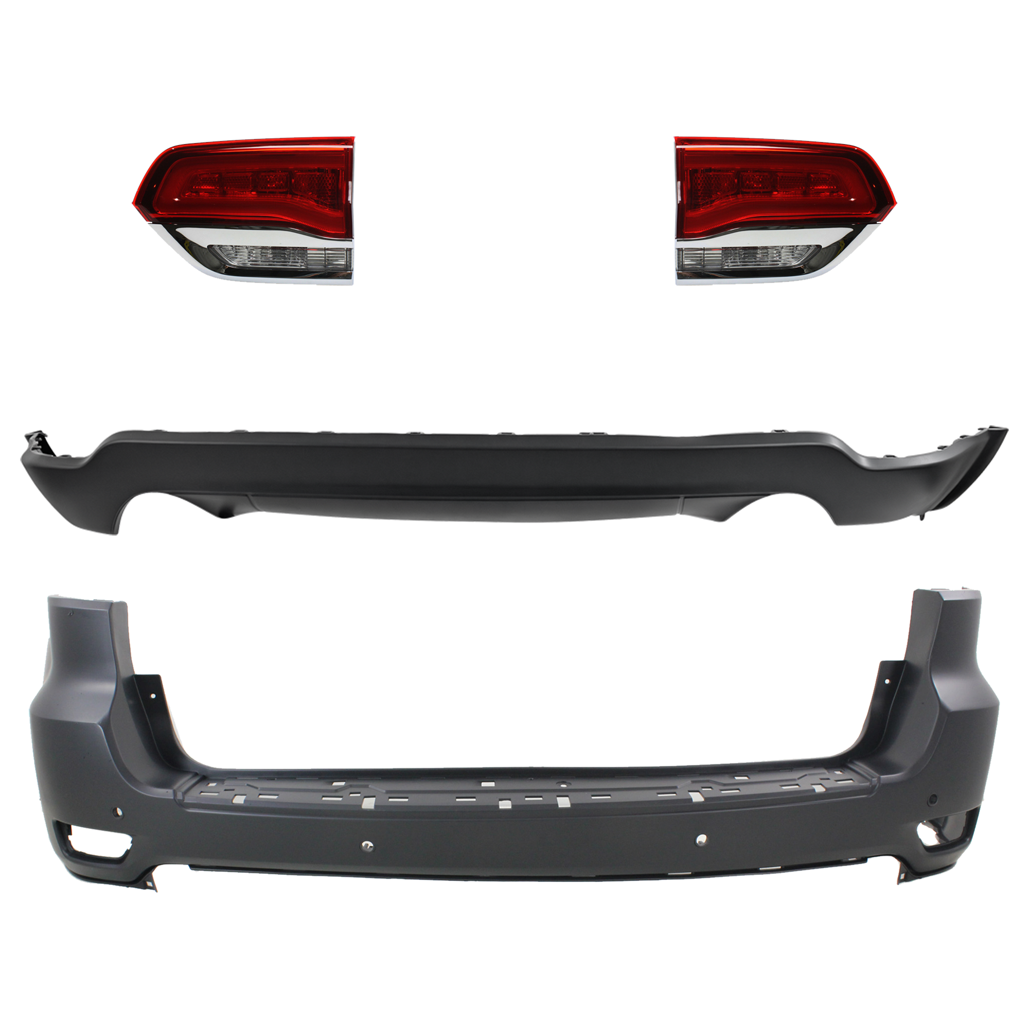 AM GRAND CHEROKEE 14-15 TAIL LAMP RH AND LH Inner Assembly Halogen 4 pc Kit with Bumper Cover SKU KIT 092923-06 Partslink CH2802105 CH2803105 CH1195103 CH1100985 OEM 68110046AH 68110047AH 68111469
