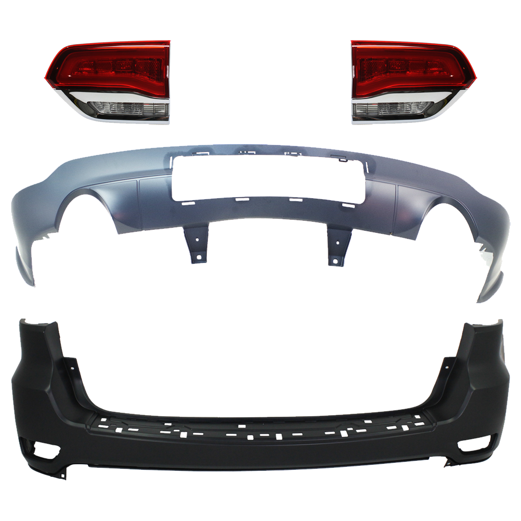 AM GRAND CHEROKEE 14-21 GRAND CHEROKEE WK 22-22 TAIL LAMP RH AND LH Inner Assembly Halogen 4 pc Kit with Bumper Cover SKU KIT 092923-07 Partslink CH2802105 CH2803105 CH1115108 CH1100952 OEM 68110046AH 68110047AH 1VQ68TZZ