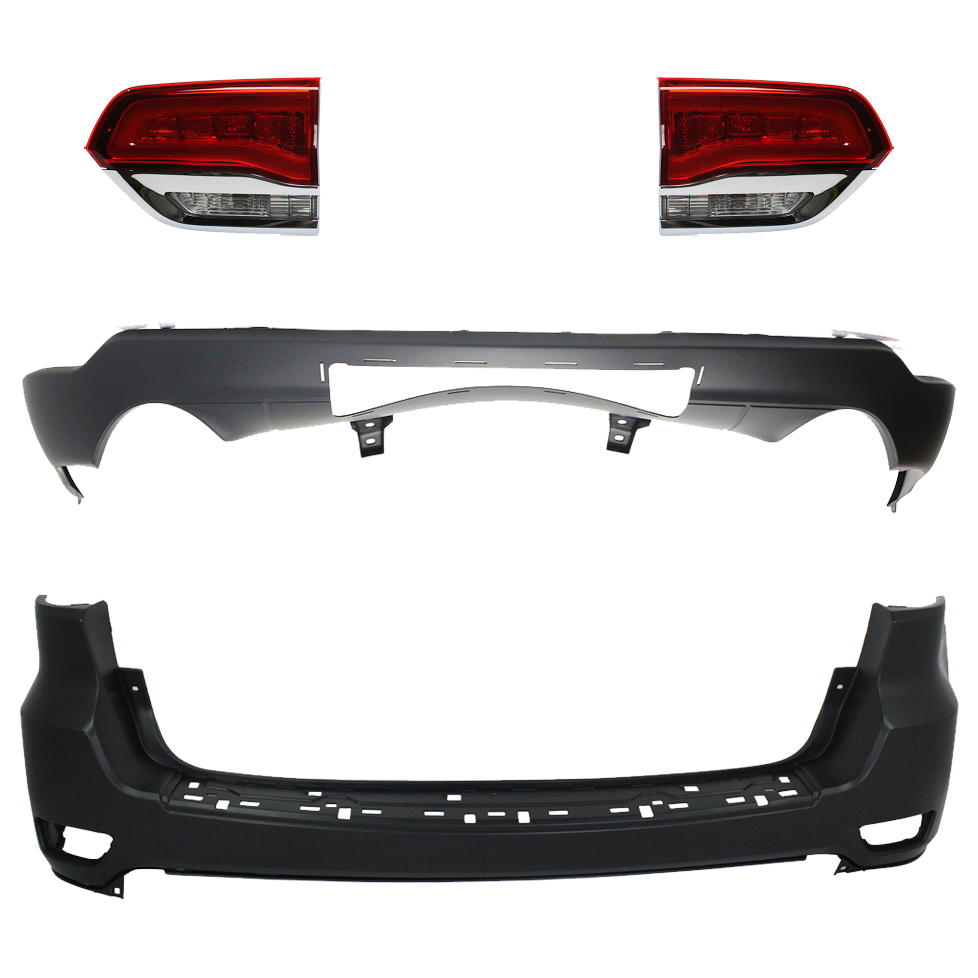 AM GRAND CHEROKEE 14-21 GRAND CHEROKEE WK 22-22 TAIL LAMP RH AND LH Inner Assembly Halogen 4 pc Kit with Bumper Cover SKU KIT 092923-08 Partslink CH2802105 CH2803105 CH1195104 CH1100952 OEM 68110046AH 68110047AH 68111470