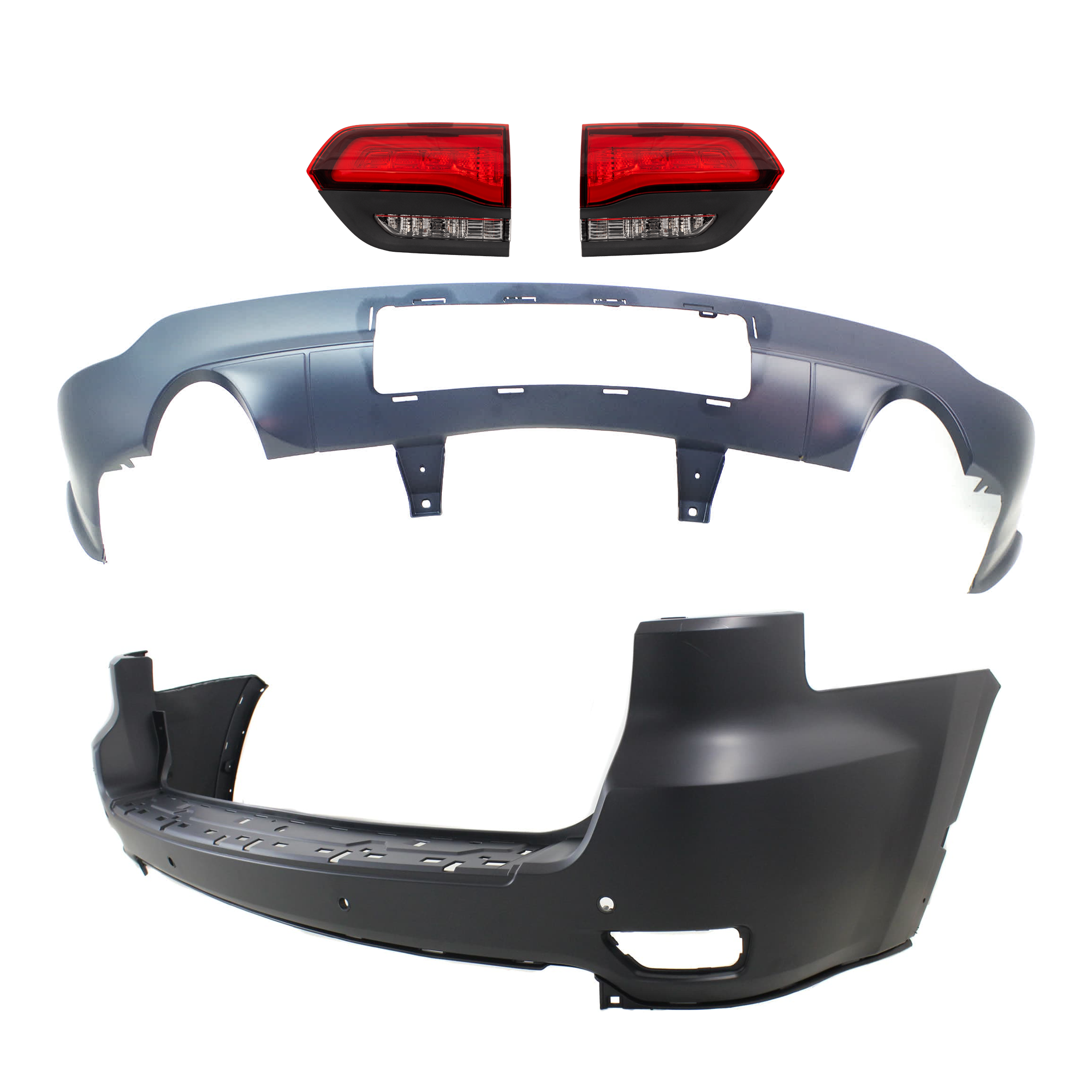 AM GRAND CHEROKEE 14-15 REAR BUMPER COVER Upper and Lower Primed 4 pc kit w Tail Light SKU KIT 092923-101 Partslink CH1100985 CH1115108 CH2802120 CH2803120 OEM 1VQ68TZZAB 68214368AC 68368397
