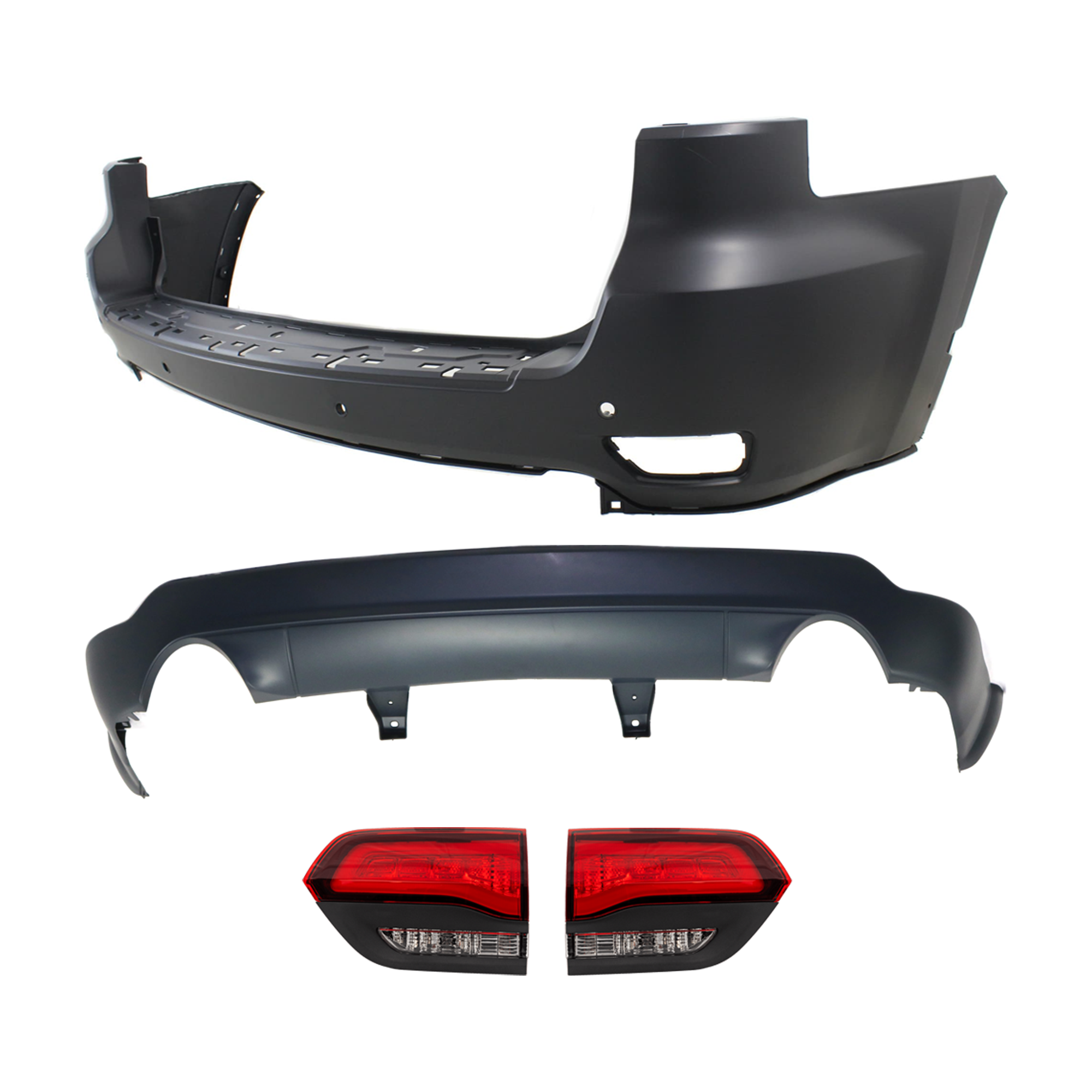 AM GRAND CHEROKEE 14-15 REAR BUMPER COVER Upper and Lower Primed 4 pc kit w Tail Light SKU KIT 092923-102 Partslink CH1100985 CH1115109 CH2802120 CH2803120 OEM 1VQ67TZZAA 68214368AC 68368397