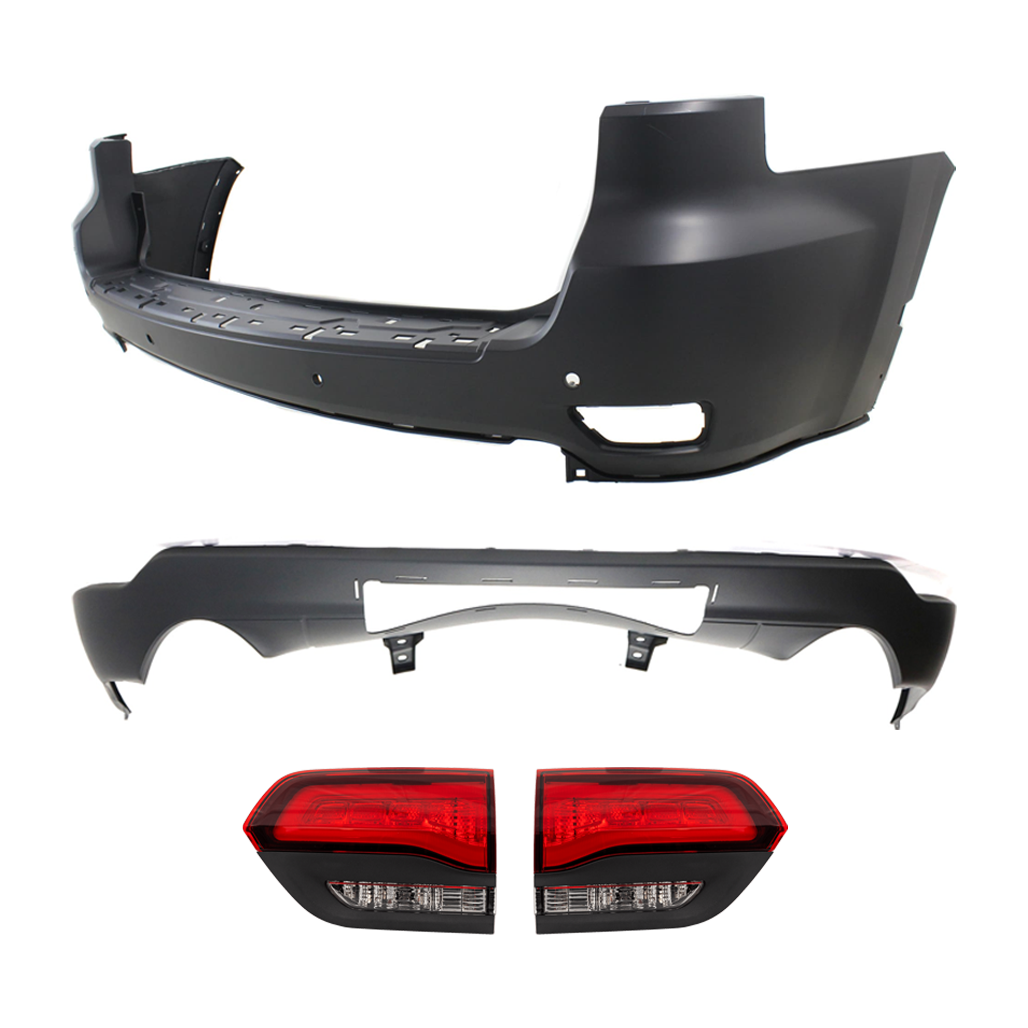 AM GRAND CHEROKEE 14-15 REAR BUMPER COVER Upper and Lower Upper Primed Lower Textured 4 pc kit w Tail Light SKU KIT 092923-103 Partslink CH1100985 CH1195104 CH2802120 CH2803120 OEM 68111470AB 68214368AC 68368397