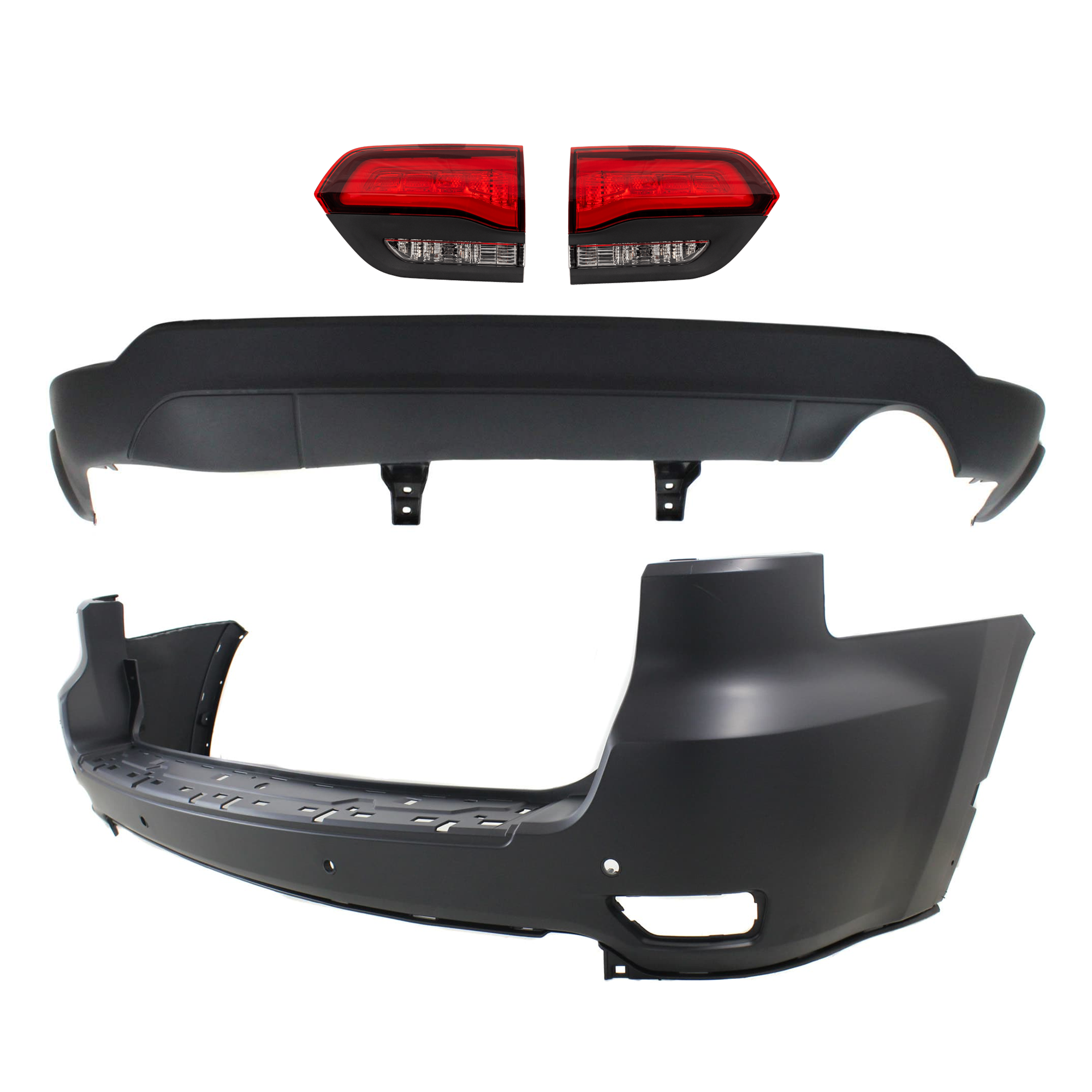 AM GRAND CHEROKEE 14-15 REAR BUMPER COVER Upper and Lower Upper Primed Lower Textured 4 pc kit w Tail Light SKU KIT 092923-104 Partslink CH1100985 CH1195101 CH2802120 CH2803120 OEM 68111467AA 68214368AC 68368397