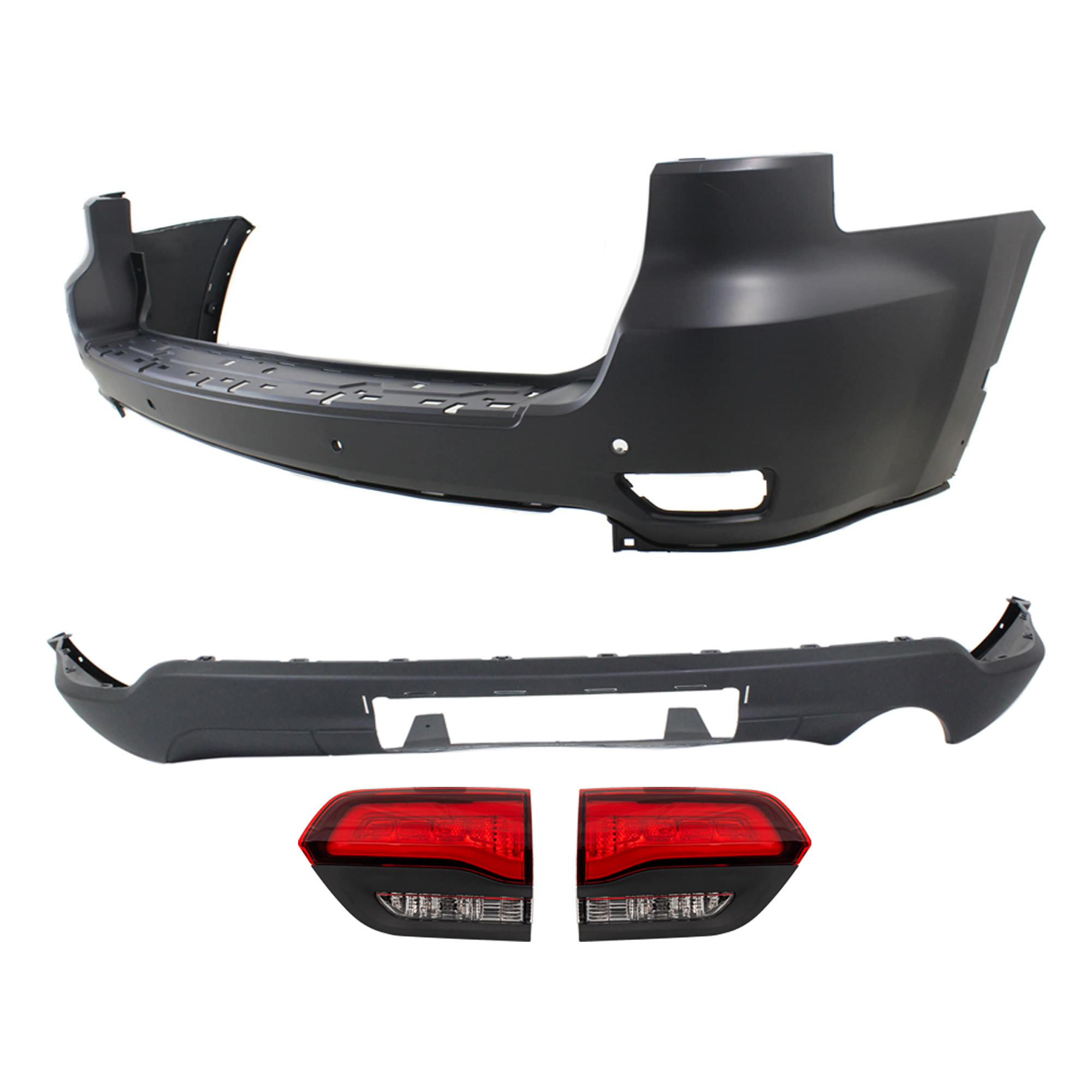 AM GRAND CHEROKEE 14-15 REAR BUMPER COVER Upper and Lower Upper Primed Lower Textured 4 pc kit w Tail Light SKU KIT 092923-105 Partslink CH1100985 CH1195102 CH2802120 CH2803120 OEM 68111468AB 68111468AA 68214368