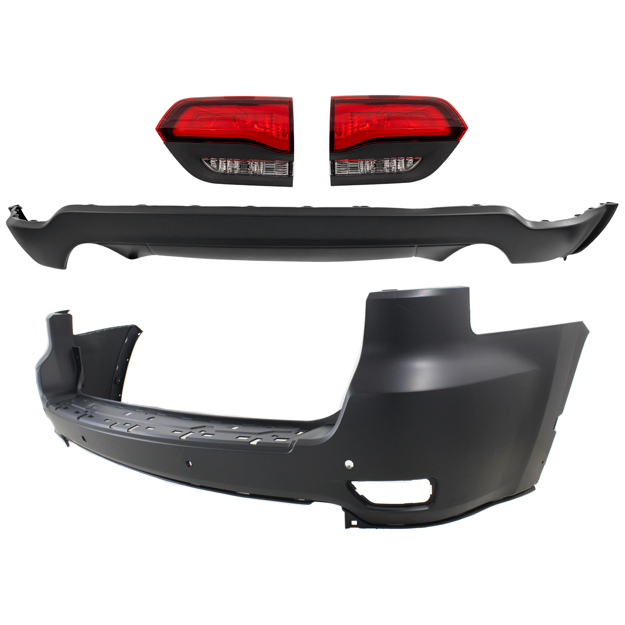 AM GRAND CHEROKEE 14-15 REAR BUMPER COVER Upper and Lower Upper Primed Lower Textured 4 pc kit w Tail Light SKU KIT 092923-106 Partslink CH1100985 CH1195103 CH2802120 CH2803120 OEM 68111469AA 68214368AC 68368397