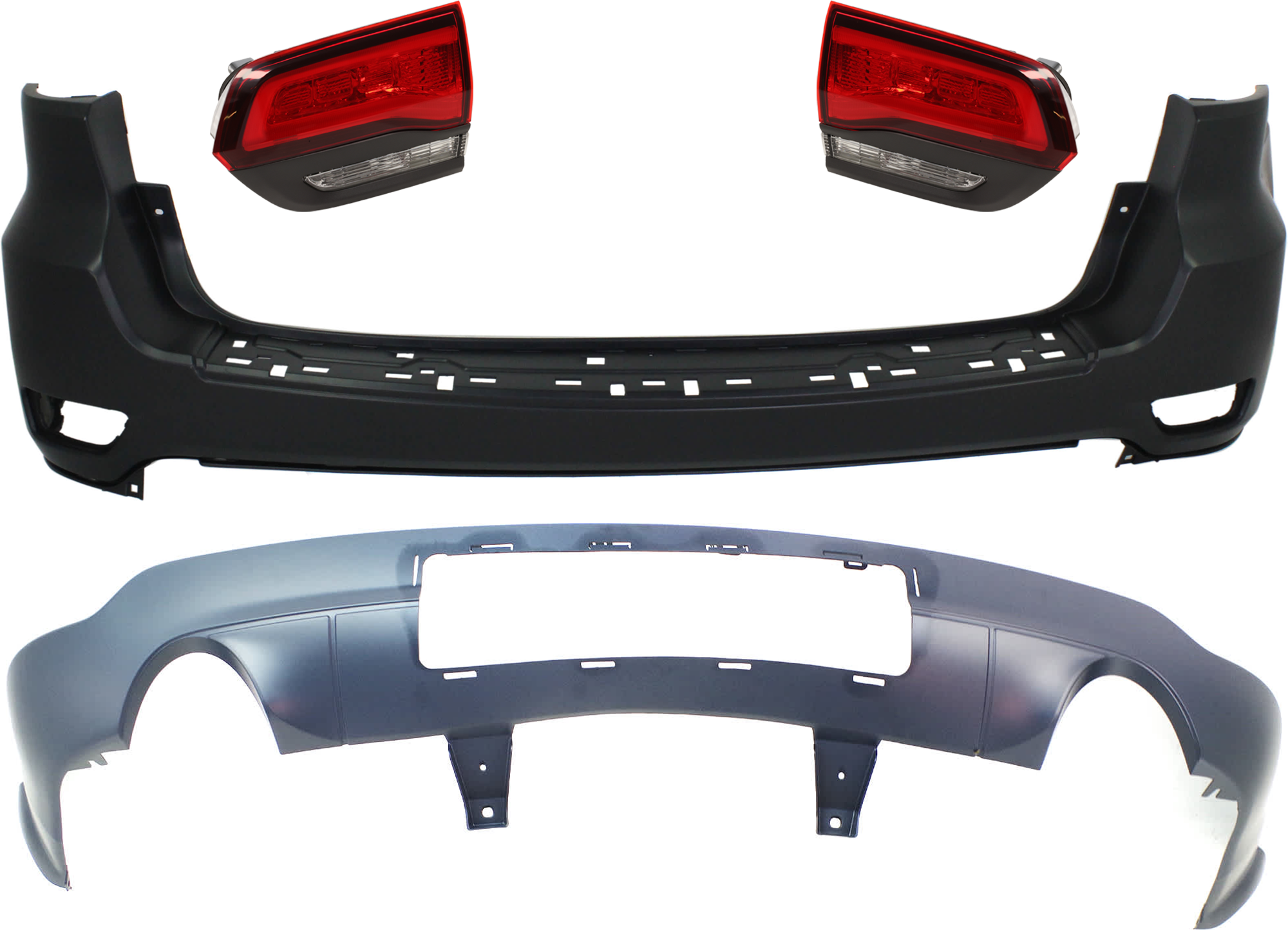 AM GRAND CHEROKEE 14-21 GRAND CHEROKEE WK 22-22 REAR BUMPER COVER Upper and Lower Primed 4 pc kit w Tail Light SKU KIT 092923-107 Partslink CH1100952 CH1115108 CH2802120 CH2803120 OEM 1VQ65TZZAA 1VQ68TZZAB 68368397