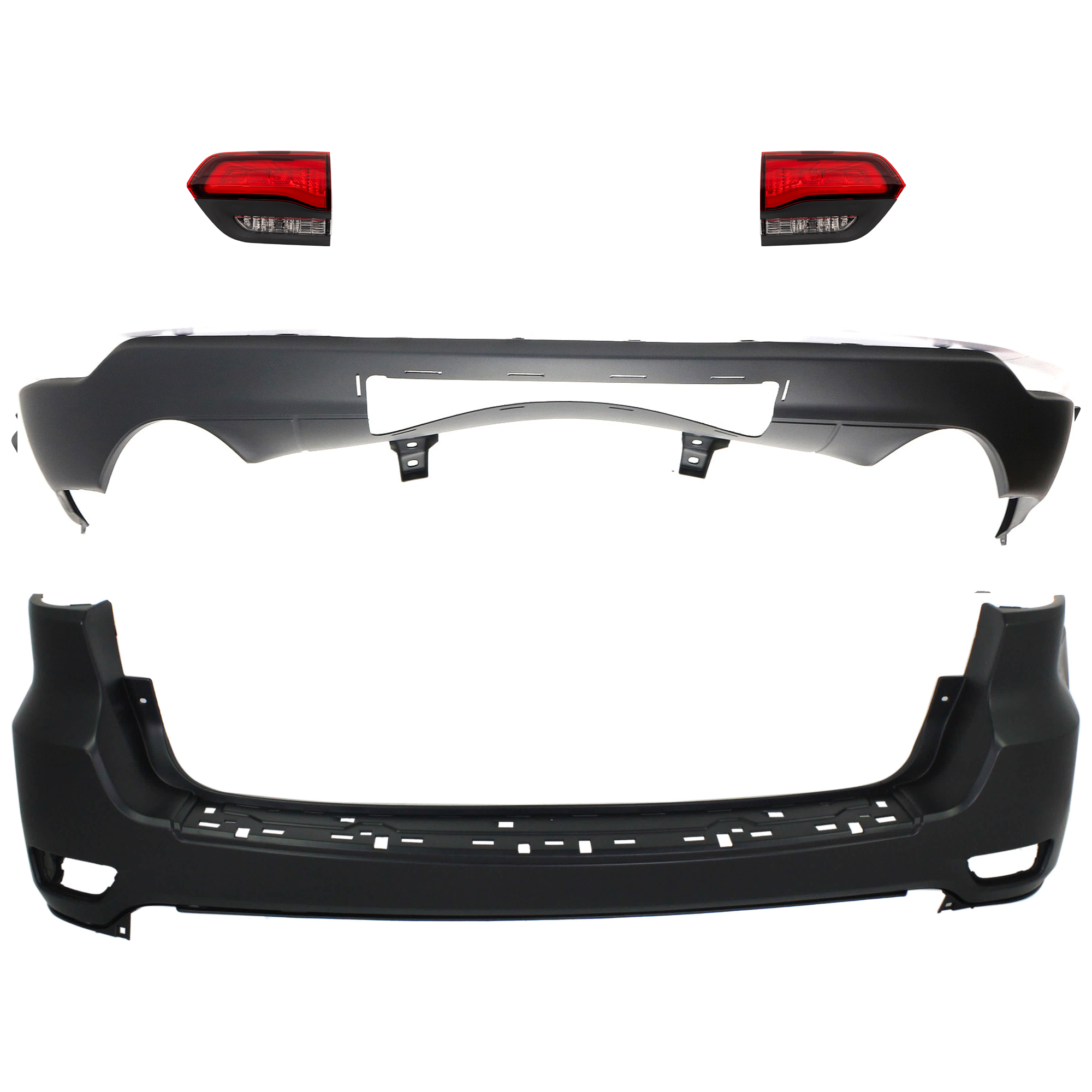AM GRAND CHEROKEE 14-21 GRAND CHEROKEE WK 22-22 REAR BUMPER COVER Upper and Lower Upper Primed Lower Textured 4 pc kit w Tail Light SKU KIT 092923-108 Partslink CH1100952 CH1195104 CH2802120 CH2803120 OEM 1VQ65TZZAA 68111470AB 68368397