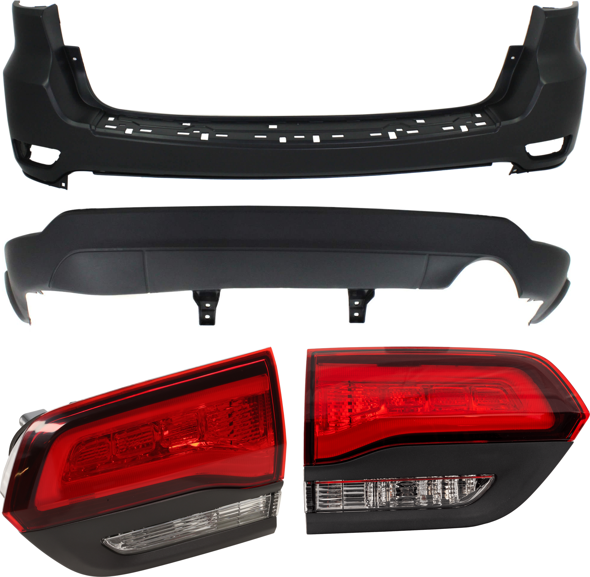 AM GRAND CHEROKEE 14-21 GRAND CHEROKEE WK 22-22 REAR BUMPER COVER Upper and Lower Upper Primed Lower Textured 4 pc kit w Tail Light SKU KIT 092923-109 Partslink CH1100952 CH1195101 CH2802120 CH2803120 OEM 1VQ65TZZAA 68111467AA 68368397