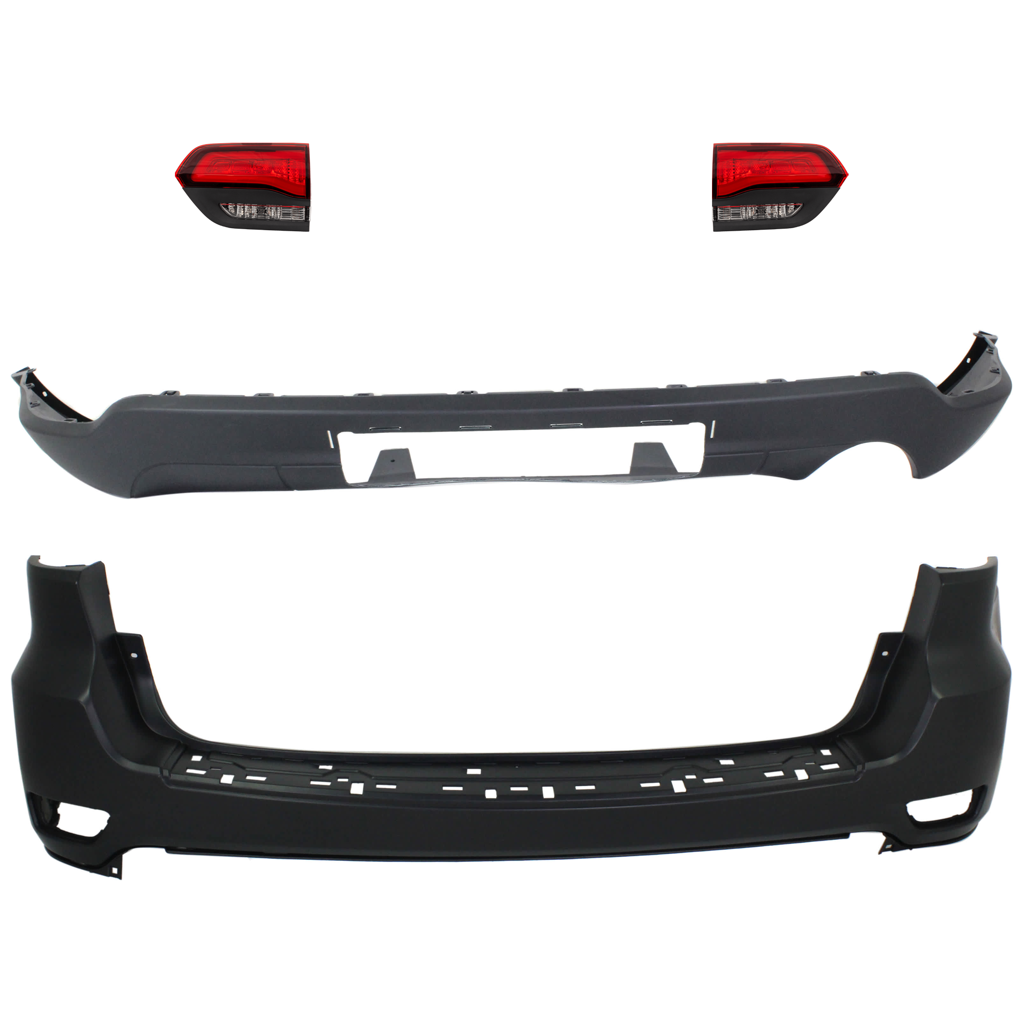 AM GRAND CHEROKEE 14-21 GRAND CHEROKEE WK 22-22 REAR BUMPER COVER Upper and Lower Upper Primed Lower Textured 4 pc kit w Tail Light SKU KIT 092923-110 Partslink CH1100952 CH1195102 CH2802120 CH2803120 OEM 1VQ65TZZAA 68111468AB 68111468