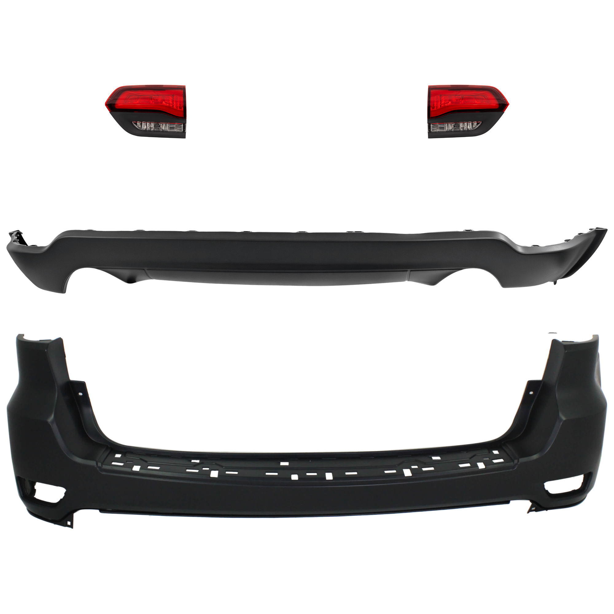 AM GRAND CHEROKEE 14-21 GRAND CHEROKEE WK 22-22 REAR BUMPER COVER Upper and Lower Upper Primed Lower Textured 4 pc kit w Tail Light SKU KIT 092923-111 Partslink CH1100952 CH1195103 CH2802120 CH2803120 OEM 1VQ65TZZAA 68111469AA 68368397