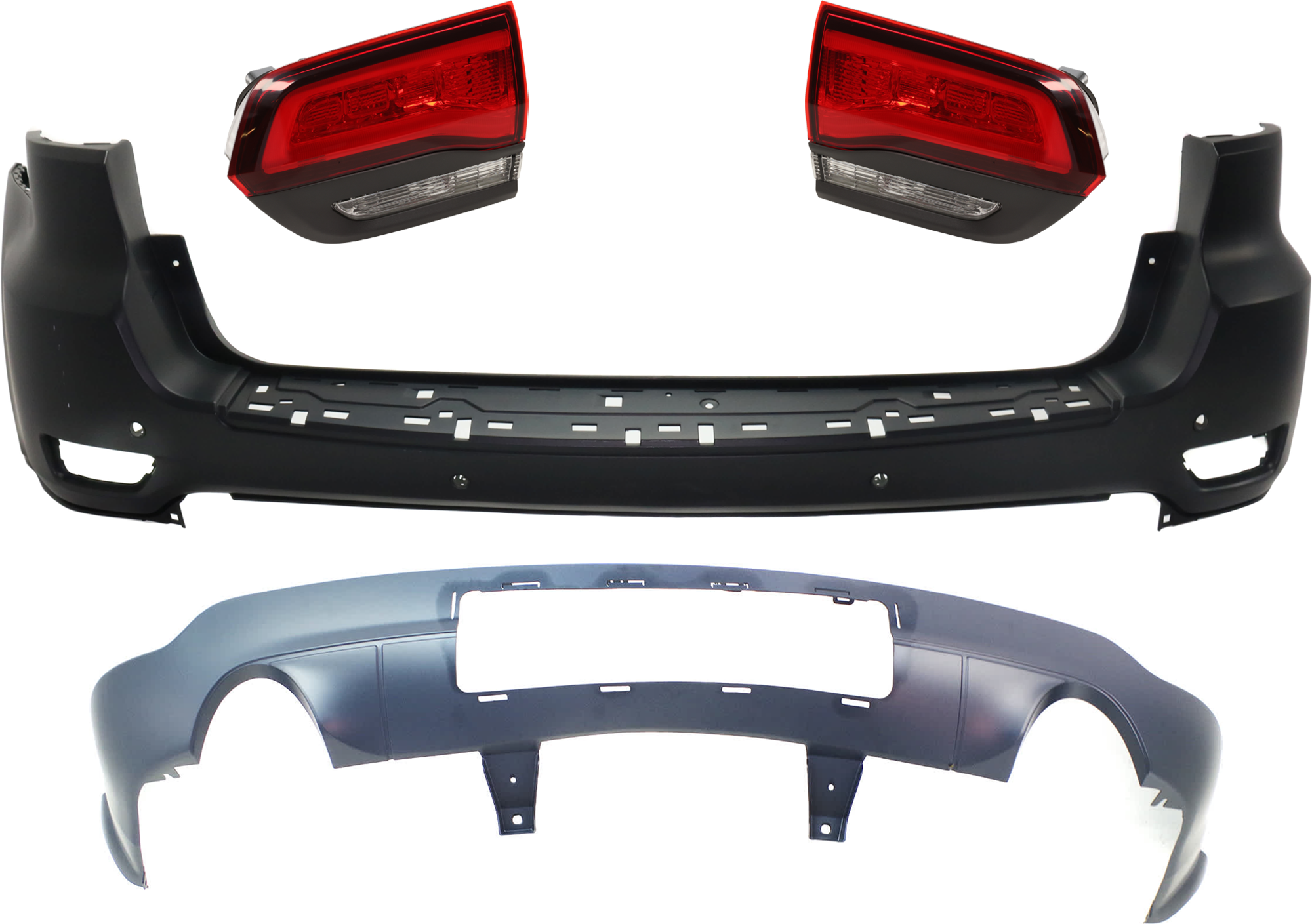 AM GRAND CHEROKEE 16-21 GRAND CHEROKEE WK 22-22 REAR BUMPER COVER Upper and Lower Primed 4 pc kit w Tail Light SKU KIT 092923-112 Partslink CH1100A26 CH1115108 CH2802120 CH2803120 OEM 1VQ68TZZAB 68310168AB 68368397