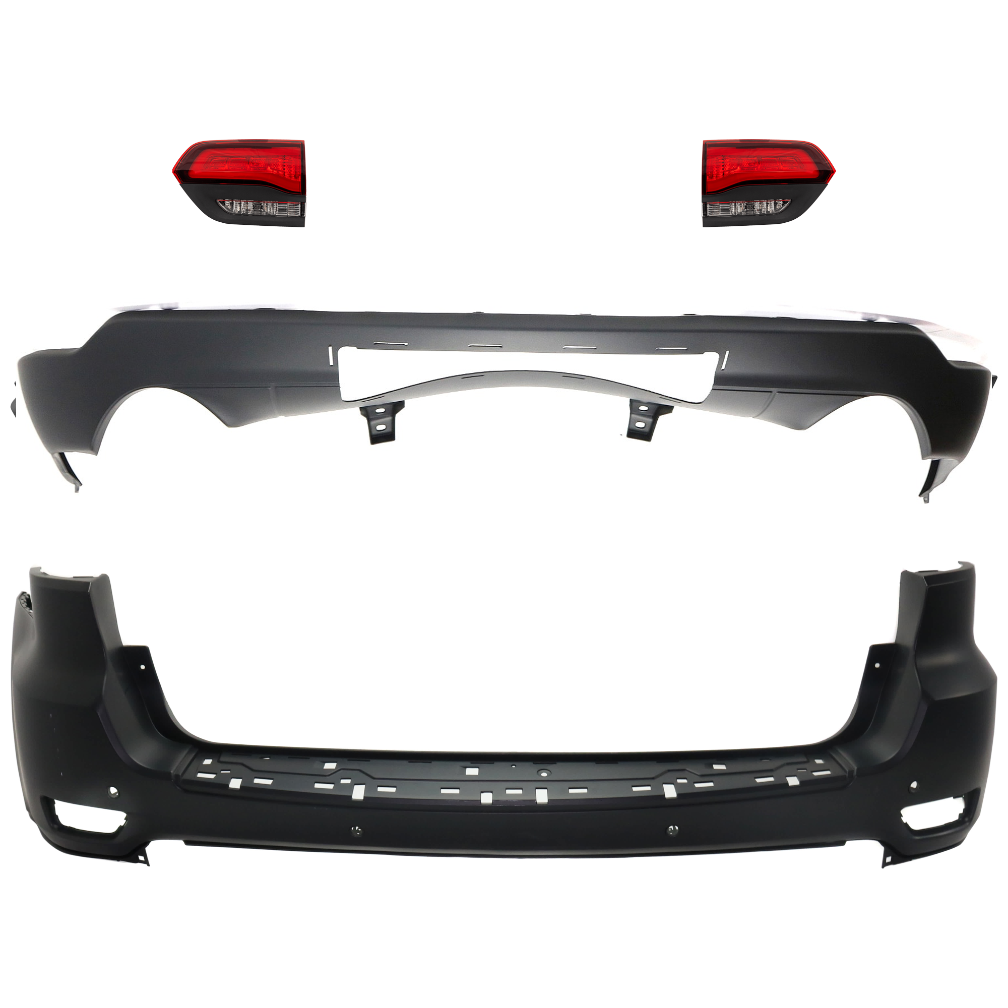 AM GRAND CHEROKEE 16-21 GRAND CHEROKEE WK 22-22 REAR BUMPER COVER Upper and Lower Upper Primed Lower Textured 4 pc kit w Tail Light SKU KIT 092923-113 Partslink CH1100A26 CH1195104 CH2802120 CH2803120 OEM 68111470AB 68310168AB 68368397