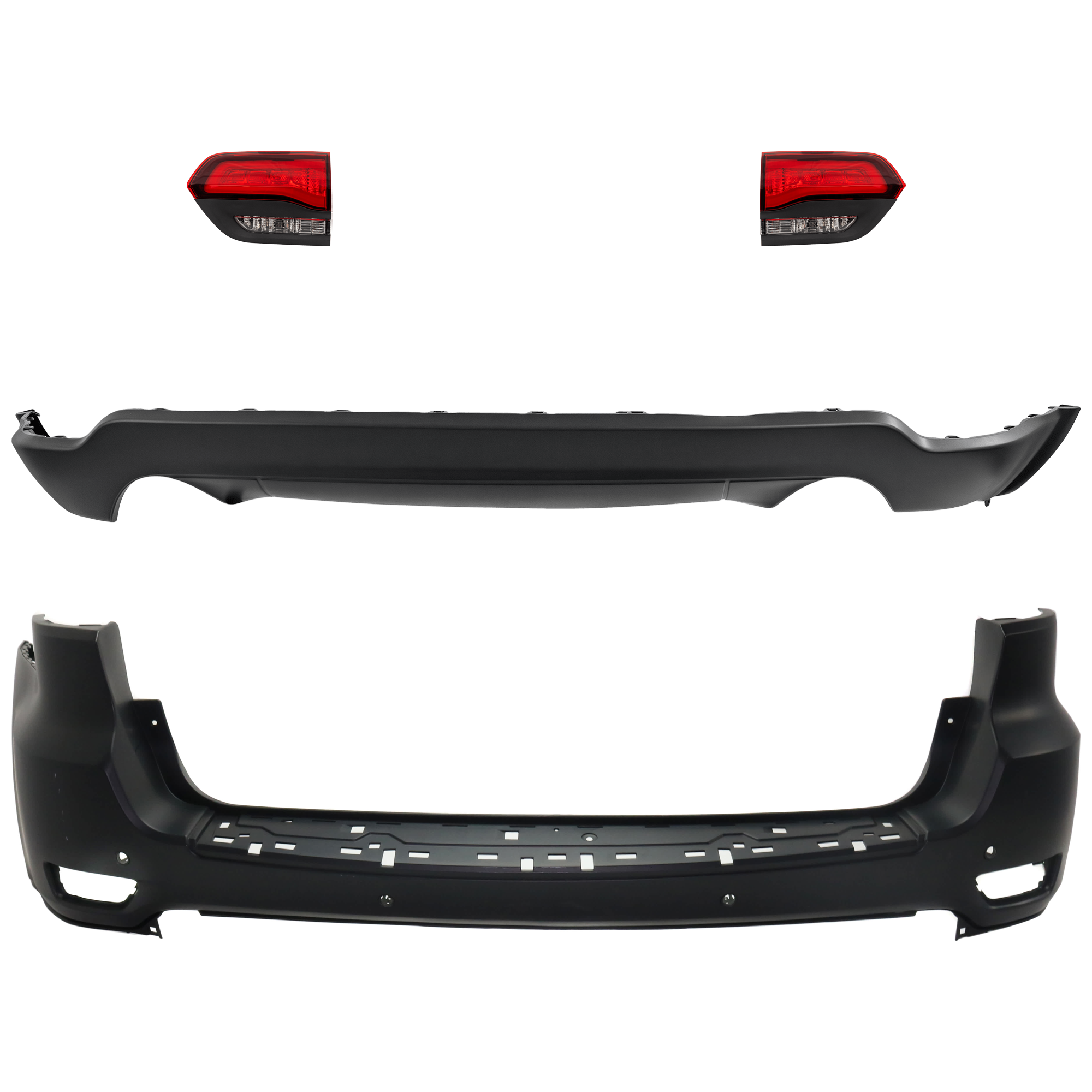 AM GRAND CHEROKEE 16-21 GRAND CHEROKEE WK 22-22 REAR BUMPER COVER Upper and Lower Upper Primed Lower Textured 4 pc kit w Tail Light SKU KIT 092923-114 Partslink CH1100A26 CH1195103 CH2802120 CH2803120 OEM 68111469AA 68310168AB 68368397