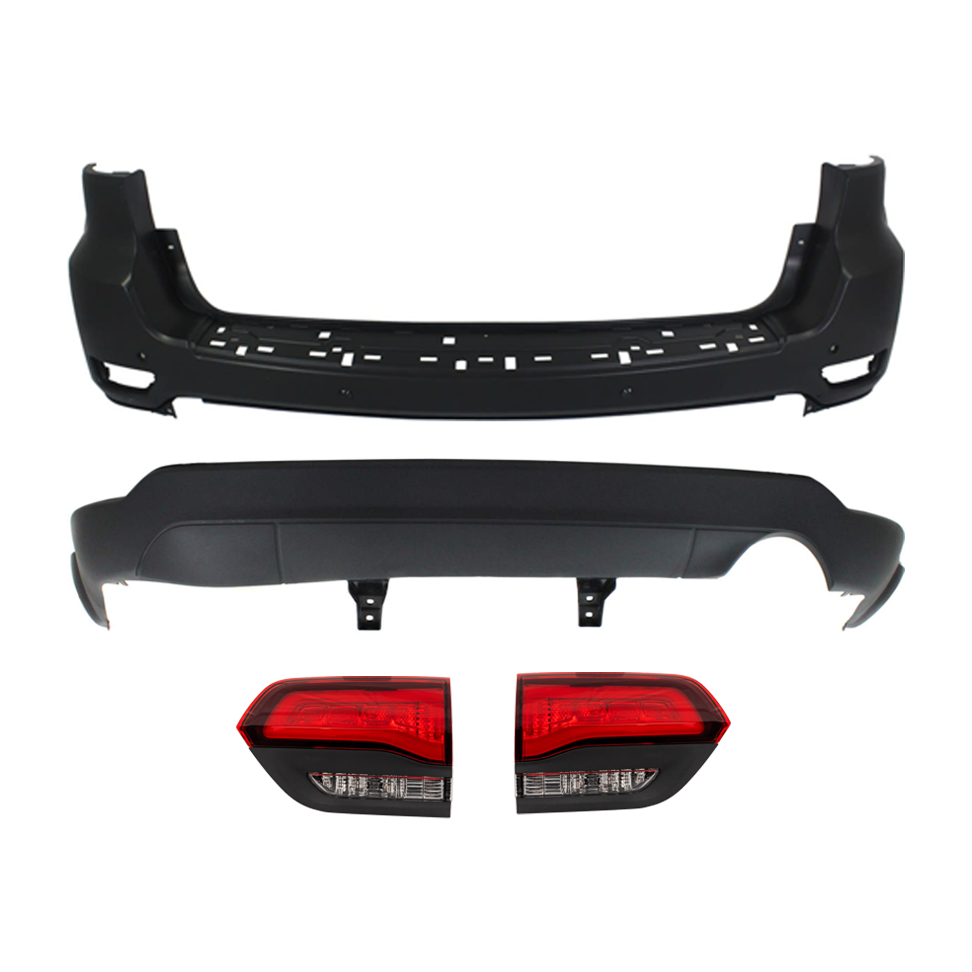 AM GRAND CHEROKEE 14-15 REAR BUMPER COVER Upper and Lower Upper Primed Lower Textured 4 pc kit w Tail Light SKU KIT 092923-115 Partslink CH1100954 CH1195101 CH2802120 CH2803120 OEM 1VQ66TZZAA 68111467AA 68368397