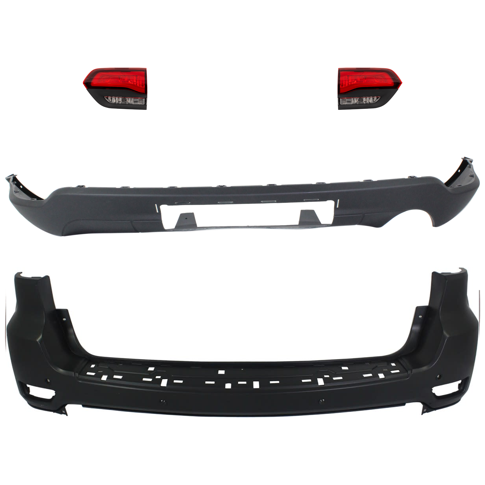 AM GRAND CHEROKEE 14-15 REAR BUMPER COVER Upper and Lower Upper Primed Lower Textured 4 pc kit w Tail Light SKU KIT 092923-116 Partslink CH1100954 CH1195102 CH2802120 CH2803120 OEM 1VQ66TZZAA 68111468AB 68111468