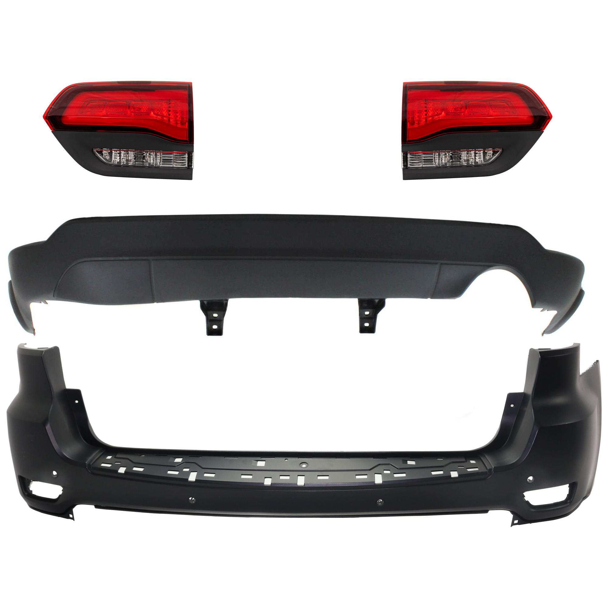 AM GRAND CHEROKEE 14-21 GRAND CHEROKEE WK 22-22 REAR BUMPER COVER Upper and Lower Upper Primed Lower Textured 4 pc kit w Tail Light SKU KIT 092923-117 Partslink CH1100A25 CH1195101 CH2802120 CH2803120 OEM 68111467AA 68310167AA 68368397