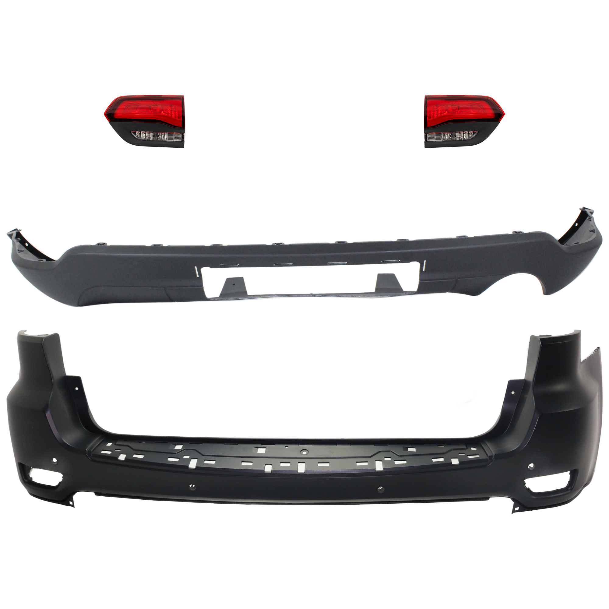 AM GRAND CHEROKEE 14-21 GRAND CHEROKEE WK 22-22 REAR BUMPER COVER Upper and Lower Upper Primed Lower Textured 4 pc kit w Tail Light SKU KIT 092923-118 Partslink CH1100A25 CH1195102 CH2802120 CH2803120 OEM 68111468AB 68111468AA 68310167