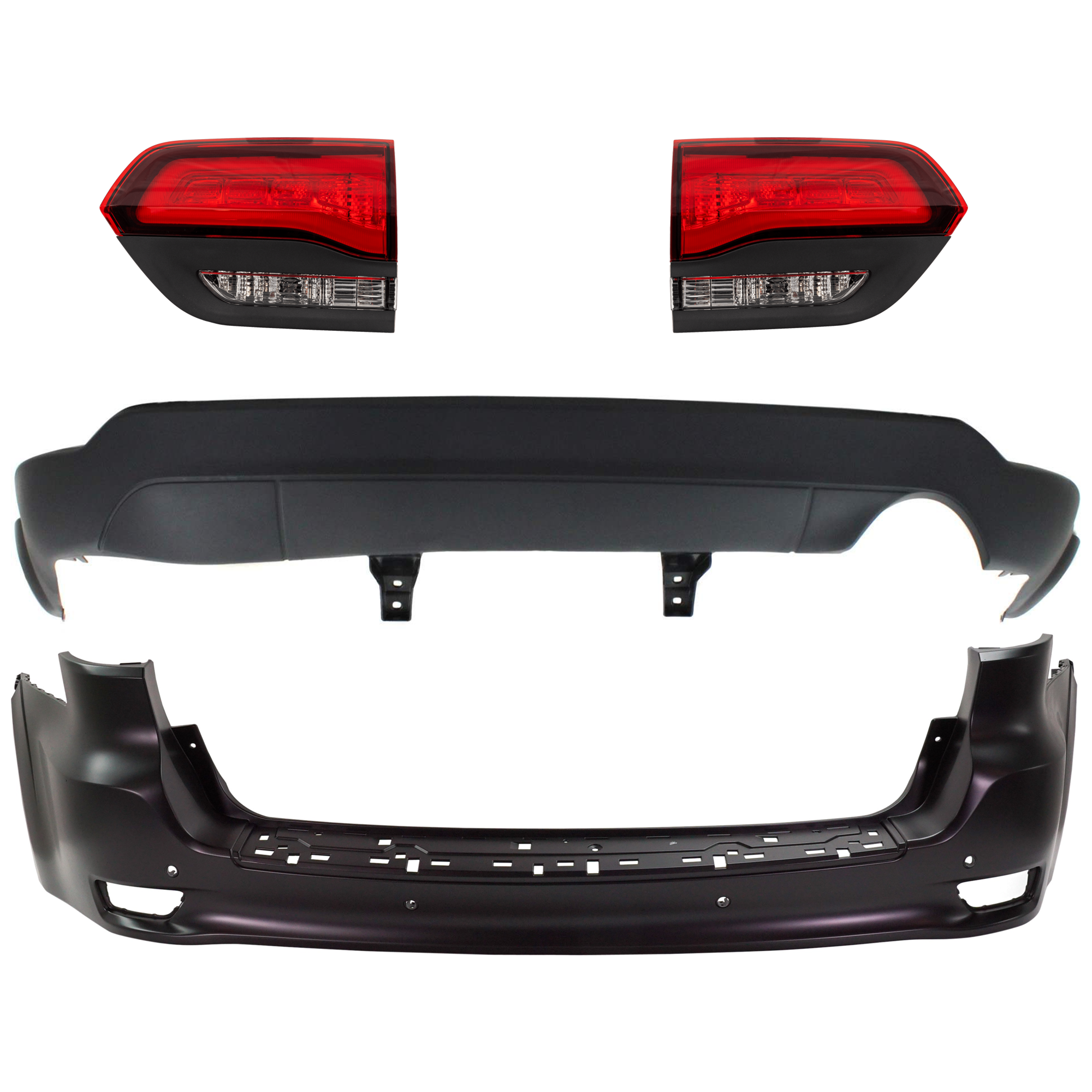 AM GRAND CHEROKEE 14-21 GRAND CHEROKEE WK 22-22 REAR BUMPER COVER Upper and Lower Upper Primed Lower Textured 4 pc kit w Tail Light SKU KIT 092923-119 Partslink CH1100A41 CH1195101 CH2802120 CH2803120 OEM 68111467AA 68310063AB 68368397