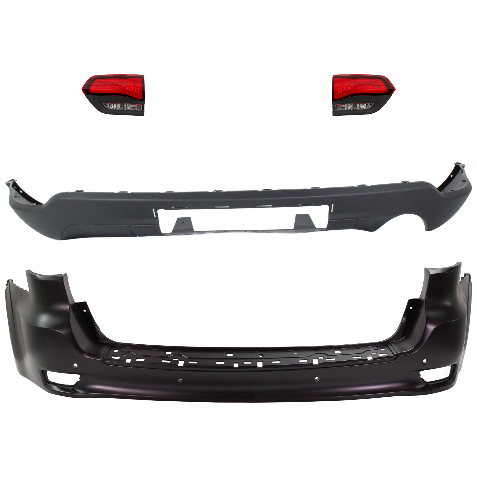 AM GRAND CHEROKEE 14-21 GRAND CHEROKEE WK 22-22 REAR BUMPER COVER Upper and Lower Upper Primed Lower Textured 4 pc kit w Tail Light SKU KIT 092923-120 Partslink CH1100A41 CH1195102 CH2802120 CH2803120 OEM 68111468AB 68111468AA 68310063
