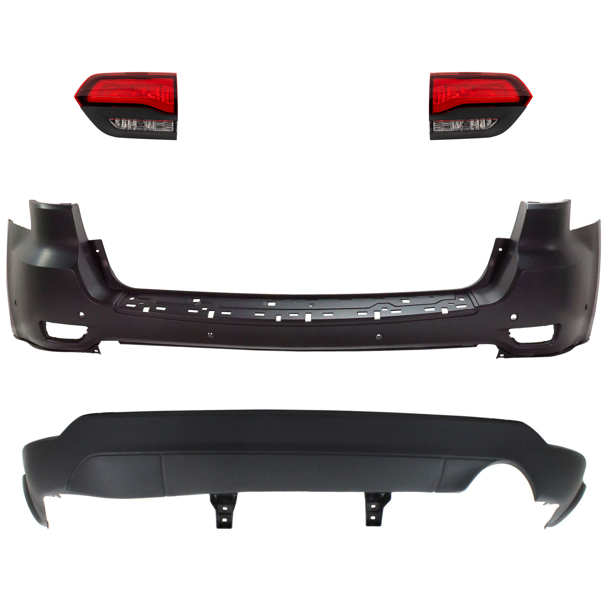 AM GRAND CHEROKEE 14-21 GRAND CHEROKEE WK 22-22 REAR BUMPER COVER Upper and Lower Upper Primed Lower Textured 4 pc kit w Tail Light SKU KIT 092923-121 Partslink CH1114107 CH1195101 CH2802120 CH2803120 OEM 68111467AA 68336592AA 68368397
