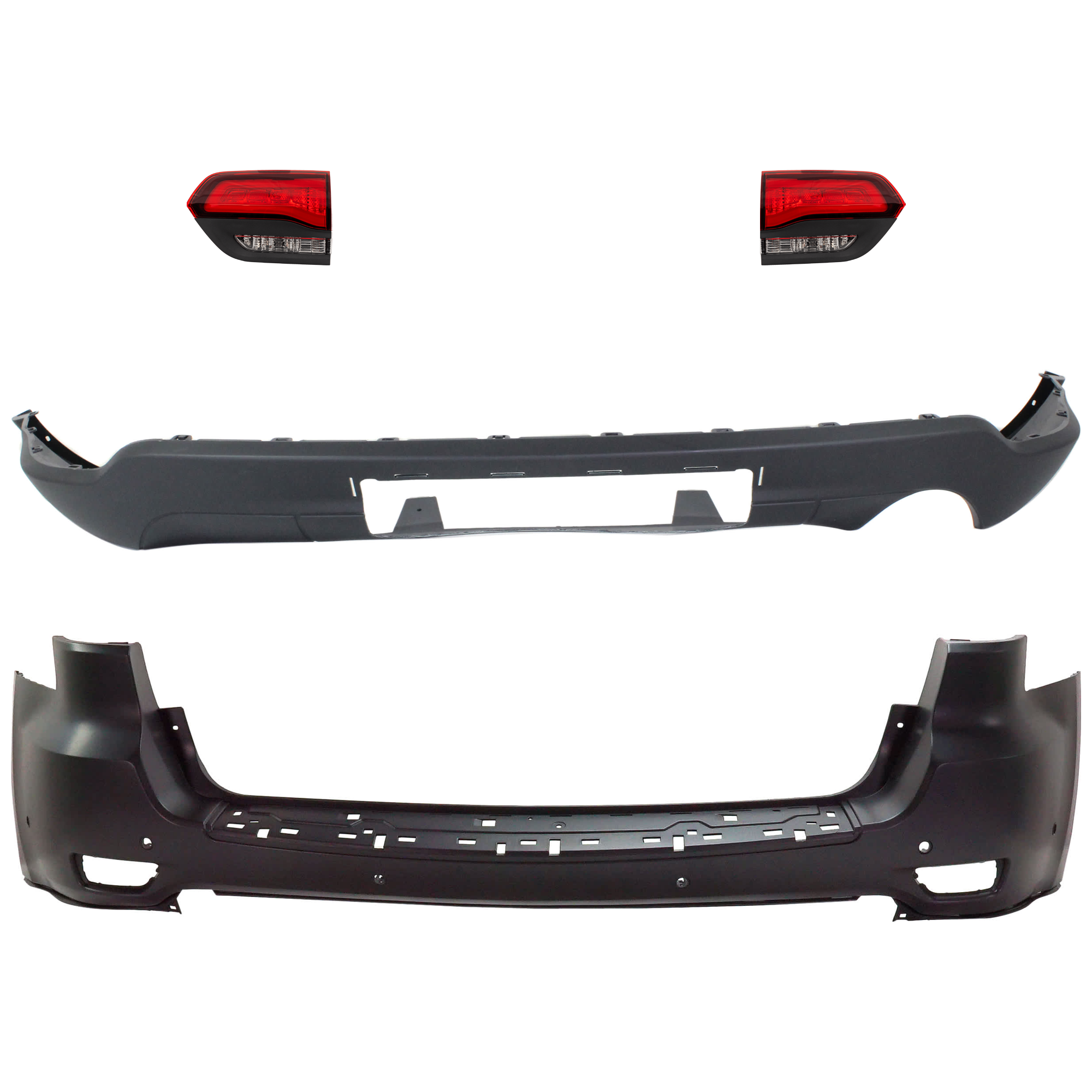 AM GRAND CHEROKEE 14-21 GRAND CHEROKEE WK 22-22 REAR BUMPER COVER Upper and Lower Upper Primed Lower Textured 4 pc kit w Tail Light SKU KIT 092923-122 Partslink CH1114107 CH1195102 CH2802120 CH2803120 OEM 68111468AB 68111468AA 68336592