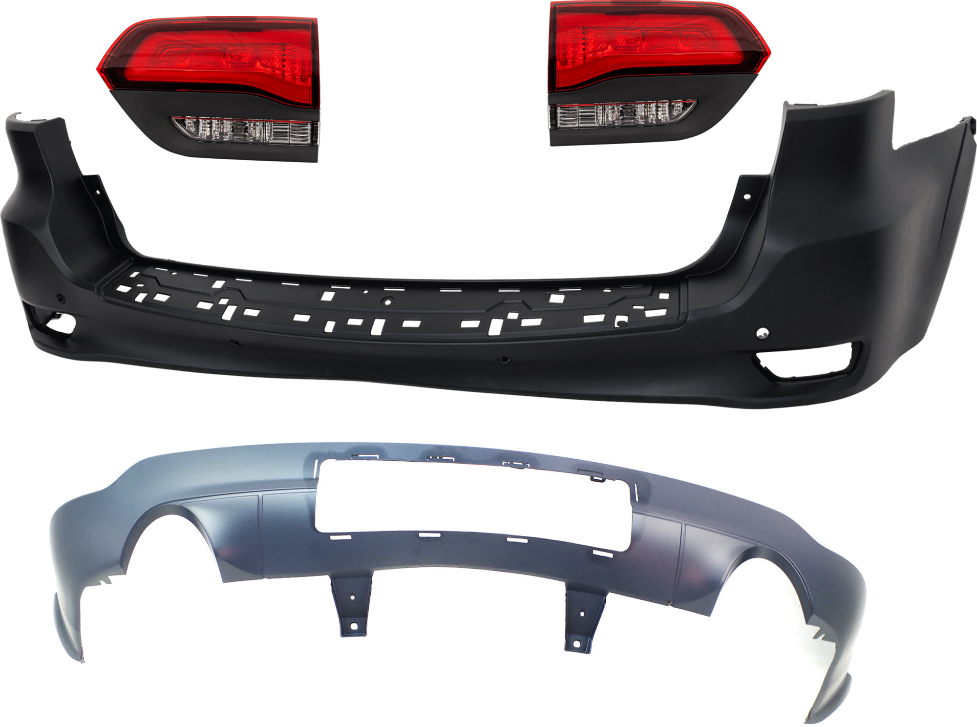 AM GRAND CHEROKEE 14-21 GRAND CHEROKEE WK 22-22 REAR BUMPER COVER Upper and Lower Primed 4 pc kit w Tail Light SKU KIT 092923-123 Partslink CH1100998 CH1115108 CH2802120 CH2803120 OEM 1VQ68TZZAB 68214648AC 68368397