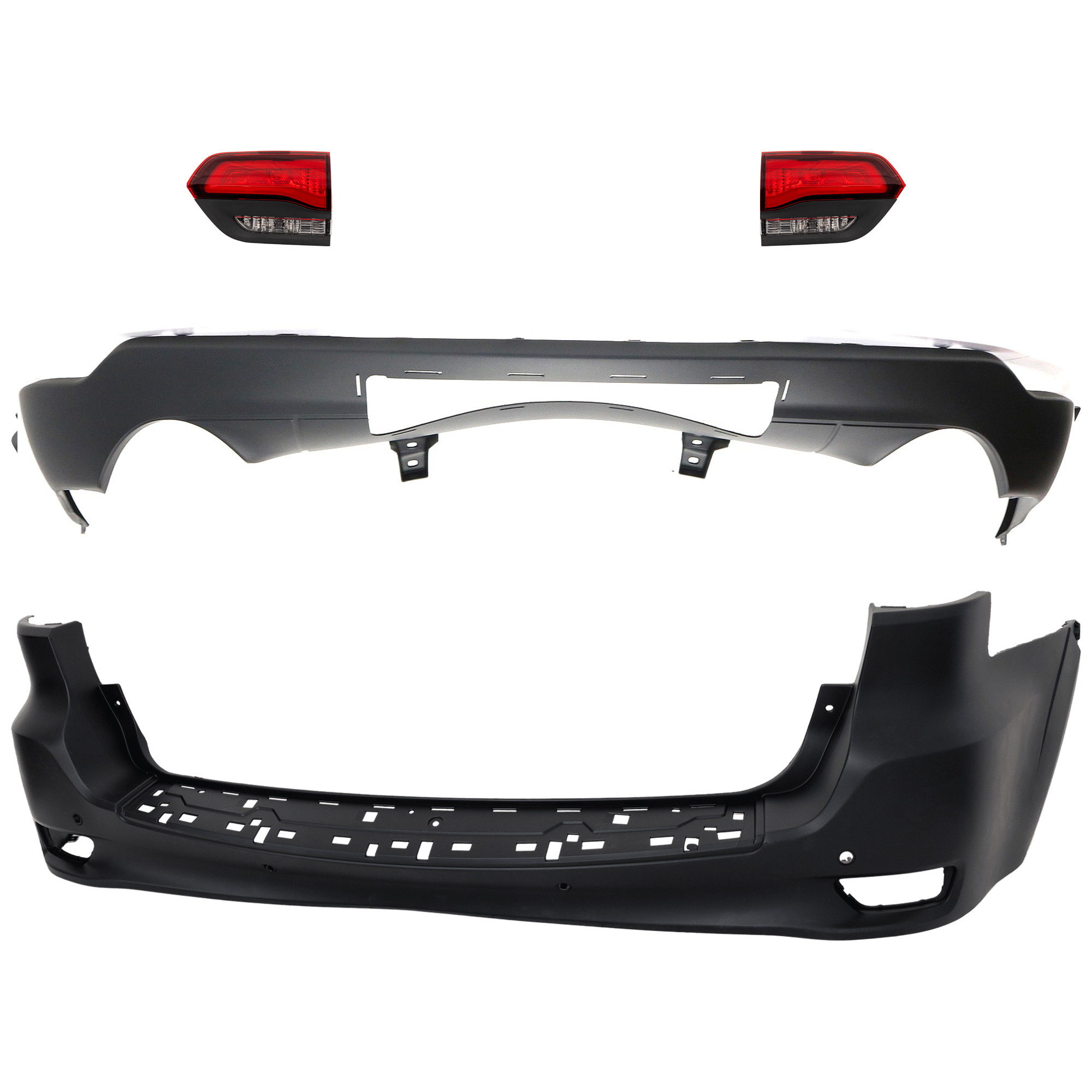 AM GRAND CHEROKEE 14-21 GRAND CHEROKEE WK 22-22 REAR BUMPER COVER Upper and Lower Upper Primed Lower Textured 4 pc kit w Tail Light SKU KIT 092923-124 Partslink CH1100998 CH1195104 CH2802120 CH2803120 OEM 68111470AB 68214648AC 68368397