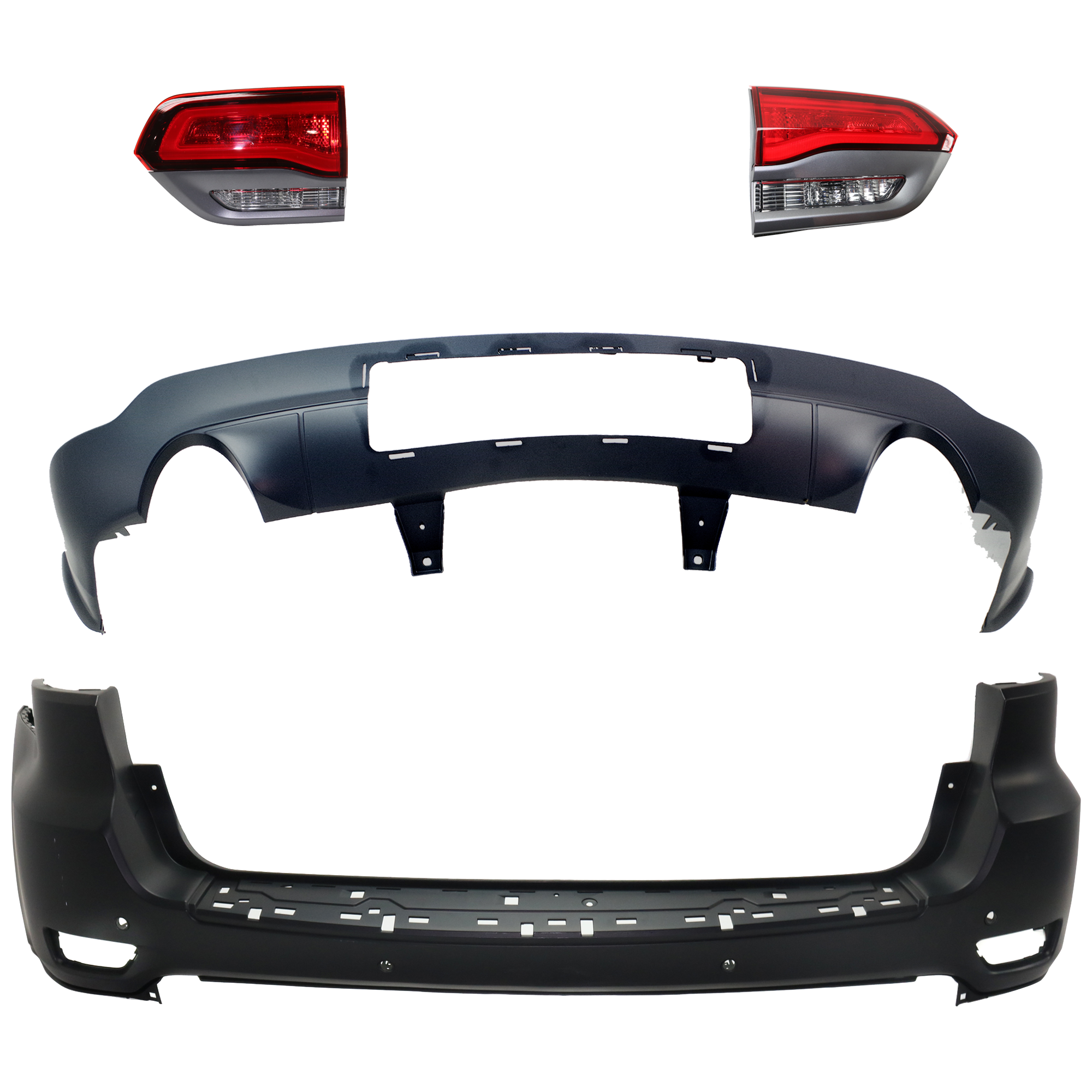 AM GRAND CHEROKEE 17-21 REAR BUMPER COVER Upper and Lower Primed 4 pc kit with Tail Light SKU KIT 092923-126 Partslink CH1100A26 CH1115108 CH2802113 CH2803113 OEM 1VQ68TZZAB 68310168AB 68316195