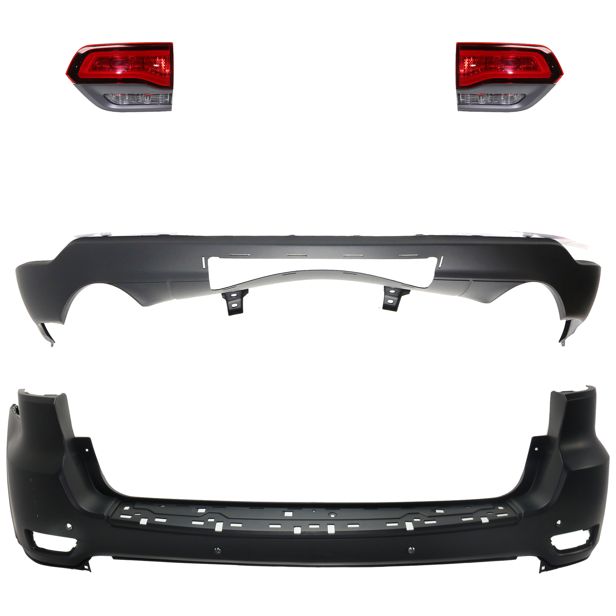 AM GRAND CHEROKEE 17-21 REAR BUMPER COVER Upper and Lower Upper Primed Lower Textured 4 pc kit with Tail Light SKU KIT 092923-127 Partslink CH1100A26 CH1195104 CH2802113 CH2803113 OEM 68111470AB 68310168AB 68316195