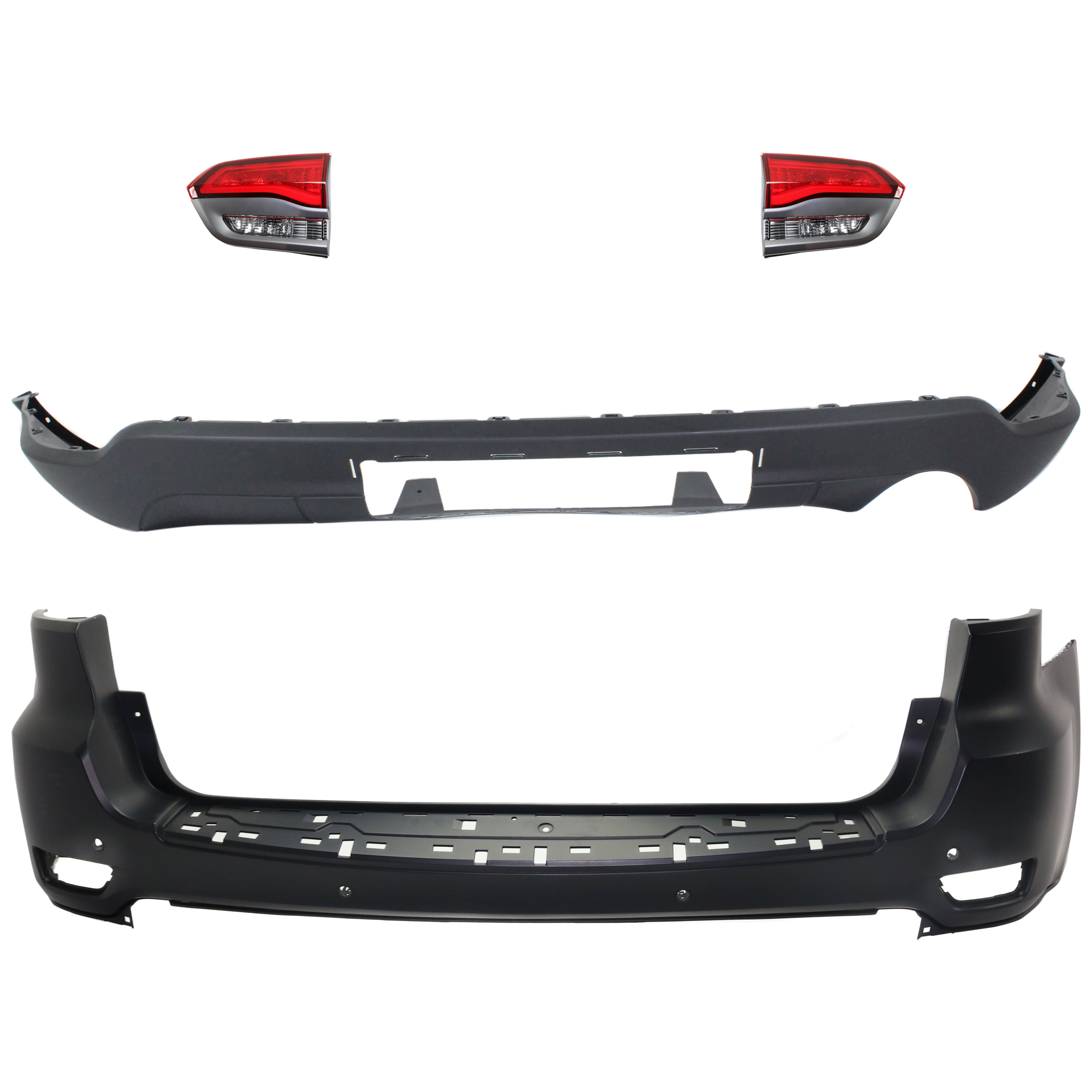 AM GRAND CHEROKEE 17-21 REAR BUMPER COVER Upper and Lower Upper Primed Lower Textured 4 pc kit with Tail Light SKU KIT 092923-128 Partslink CH1100A25 CH1195102 CH2802113 CH2803113 OEM 68111468AB 68111468AA 68310167
