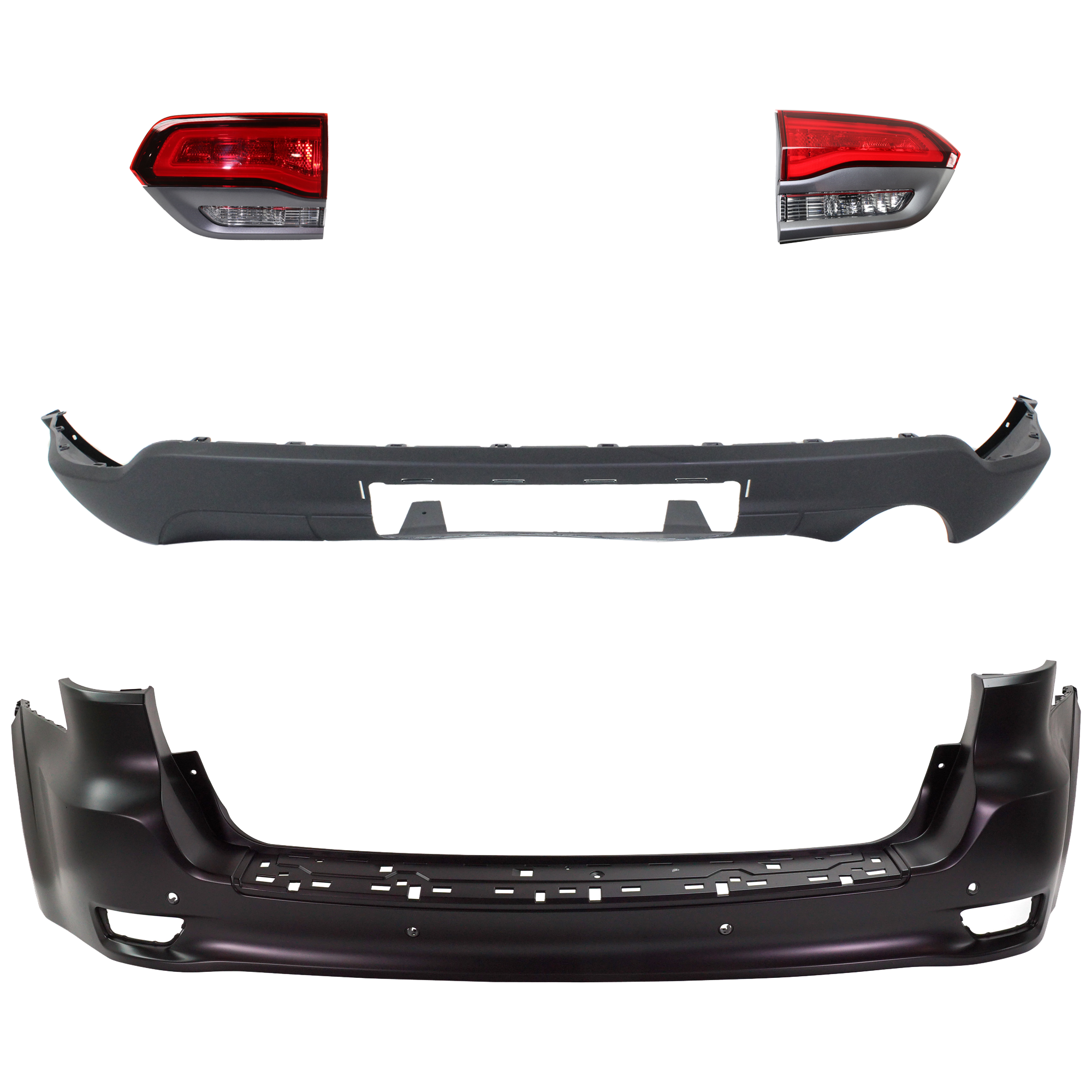 AM GRAND CHEROKEE 17-21 REAR BUMPER COVER Upper and Lower Upper Primed Lower Textured 4 pc kit with Tail Light SKU KIT 092923-129 Partslink CH1100A41 CH1195102 CH2802113 CH2803113 OEM 68111468AB 68111468AA 68310063