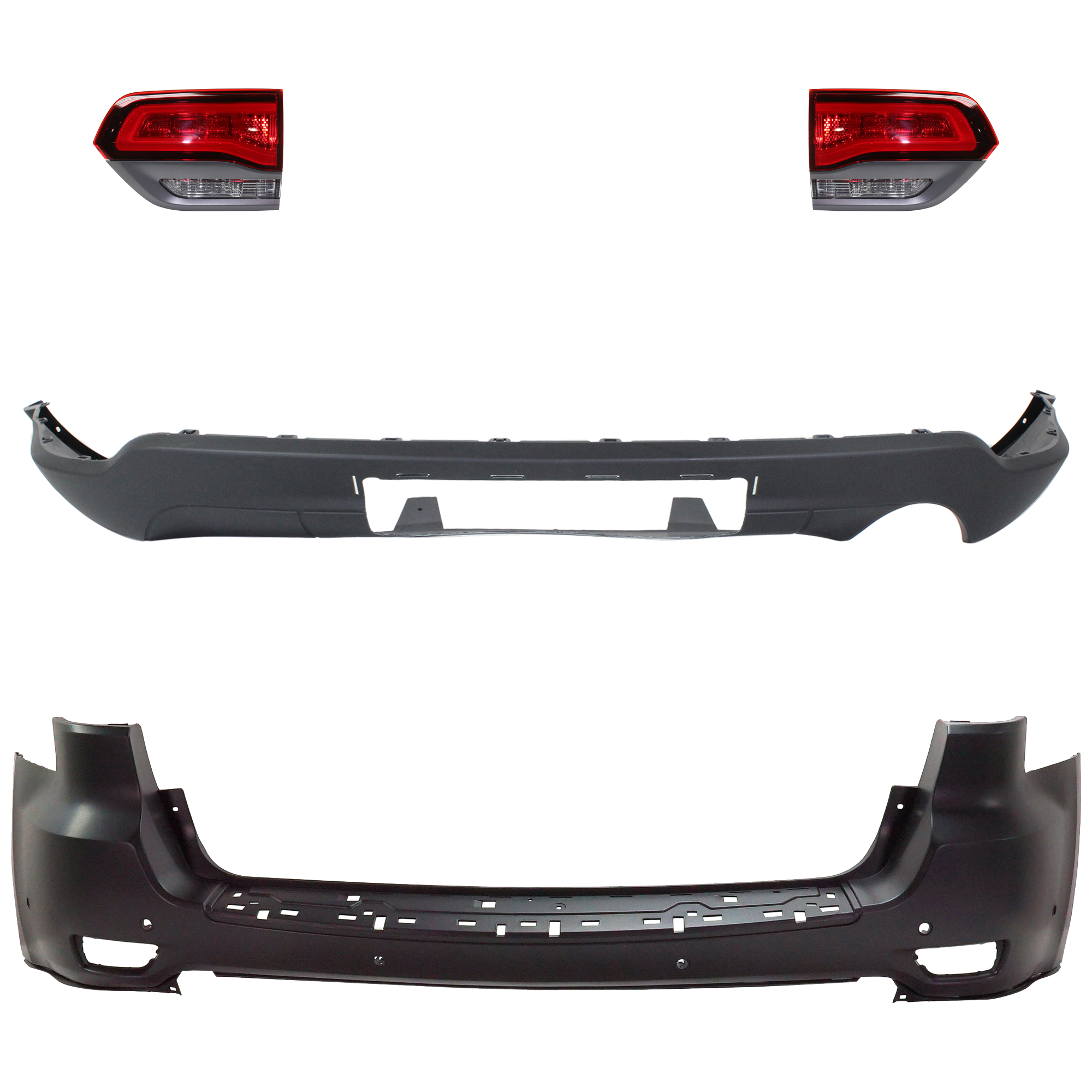AM GRAND CHEROKEE 17-21 REAR BUMPER COVER Upper and Lower Upper Primed Lower Textured 4 pc kit with Tail Light SKU KIT 092923-130 Partslink CH1114107 CH1195102 CH2802113 CH2803113 OEM 68111468AB 68111468AA 68336592