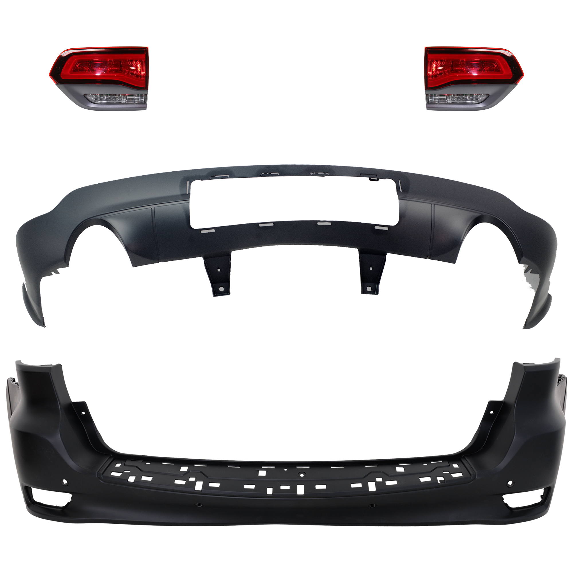 AM GRAND CHEROKEE 17-21 REAR BUMPER COVER Upper and Lower Primed 4 pc kit with Tail Light SKU KIT 092923-131 Partslink CH1100998 CH1115108 CH2802113 CH2803113 OEM 1VQ68TZZAB 68214648AC 68316195
