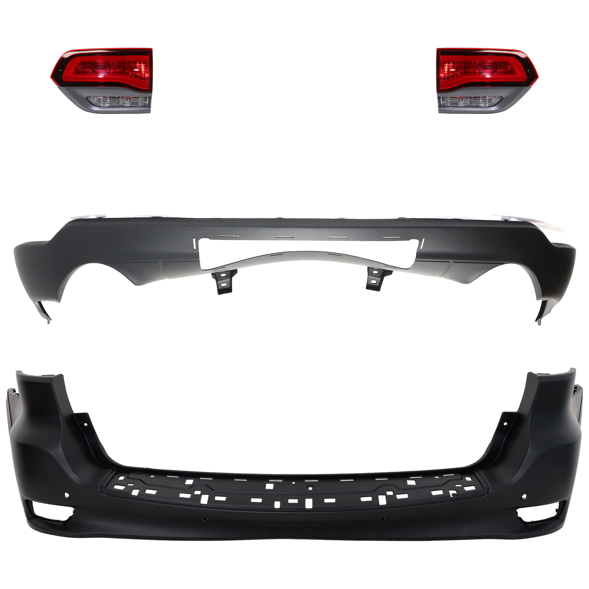 AM GRAND CHEROKEE 17-21 REAR BUMPER COVER Upper and Lower Upper Primed Lower Textured 4 pc kit with Tail Light SKU KIT 092923-132 Partslink CH1100998 CH1195104 CH2802113 CH2803113 OEM 68111470AB 68214648AC 68316195