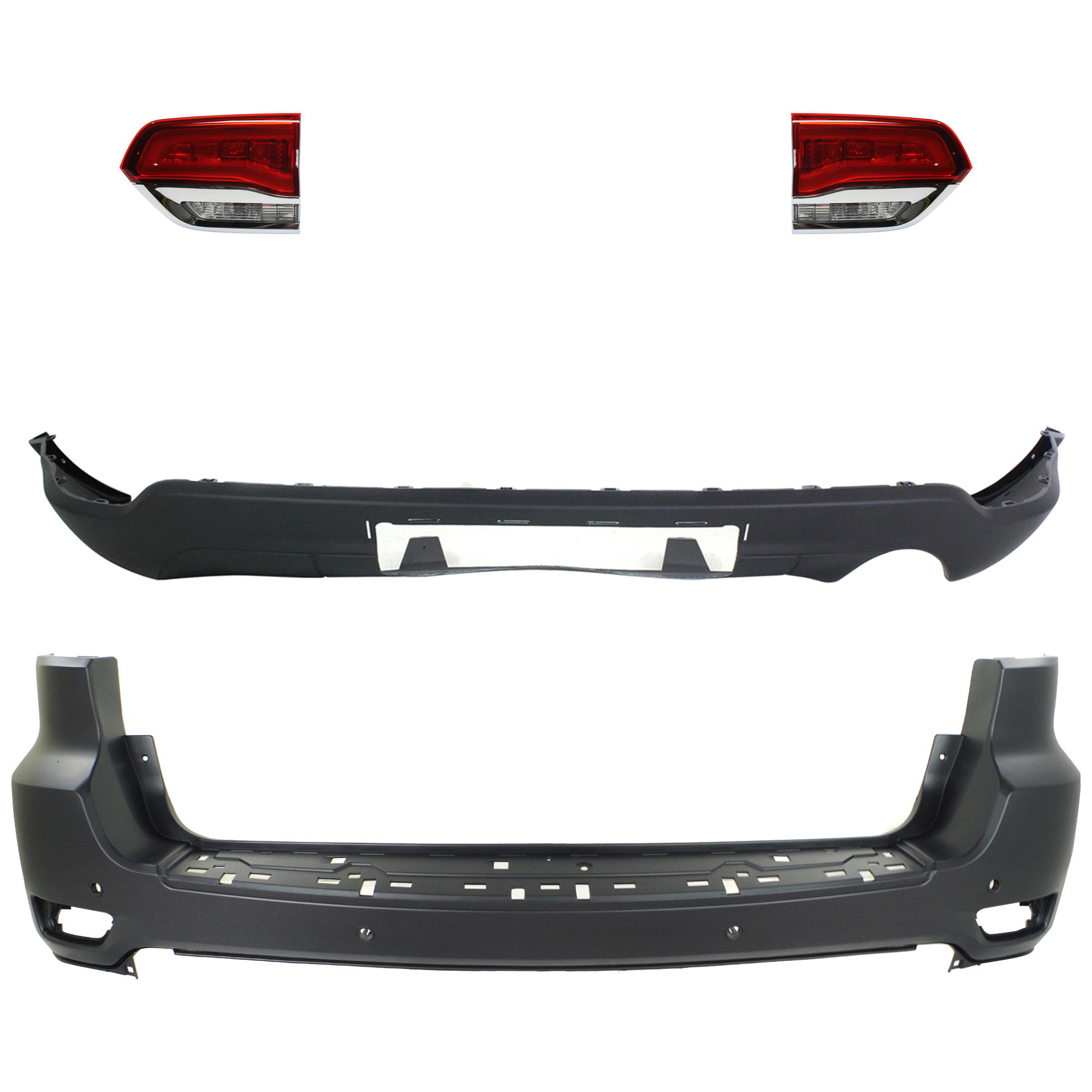 AM GRAND CHEROKEE 14-15 TAIL LAMP RH AND LH Inner Assembly Halogen 4 pc Kit with Bumper Cover SKU KIT 092923-142 Partslink CH1100985C CH1195102C CH2802105C CH2803105C OEM 68110046AH 68110047AH 68111468