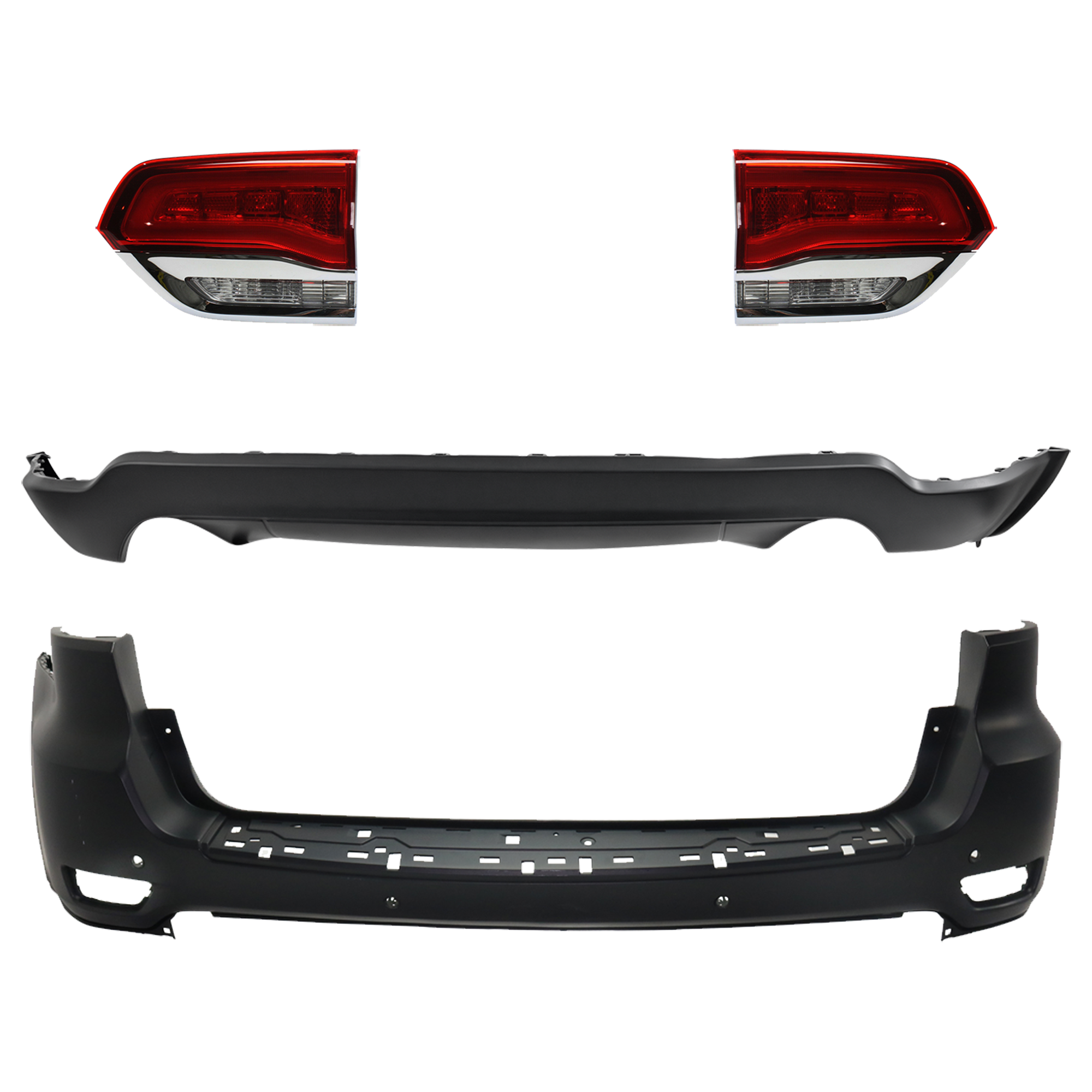 AM GRAND CHEROKEE 16-21 GRAND CHEROKEE WK 22-22 TAIL LAMP RH AND LH Inner Assembly Halogen 4 pc Kit with Bumper Cover SKU KIT 092923-14 Partslink CH2802105 CH2803105 CH1195103 CH1100A26 OEM 68110046AH 68110047AH 68111469
