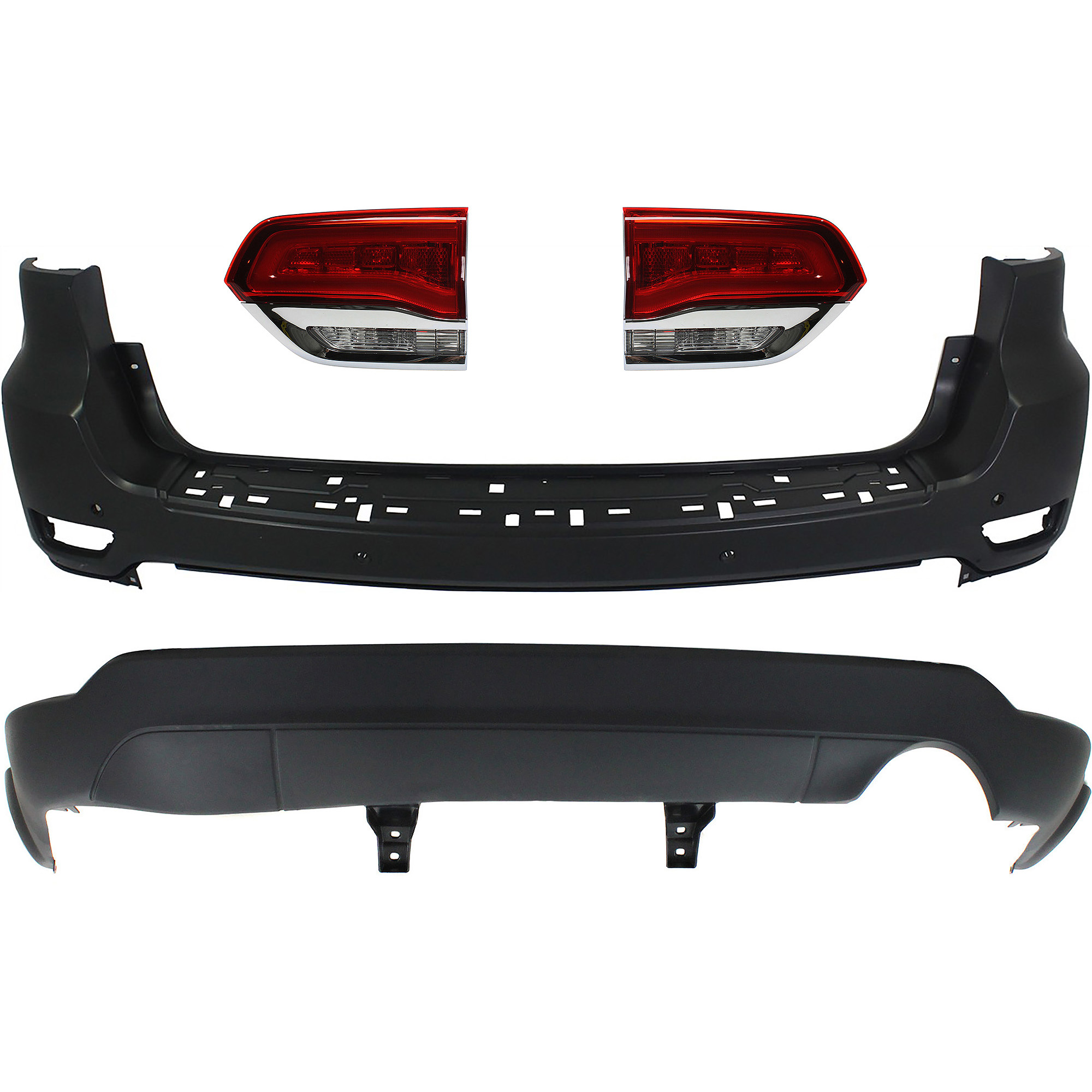 AM GRAND CHEROKEE 14-15 TAIL LAMP RH AND LH Inner Assembly Halogen 4 pc Kit with Bumper Cover SKU KIT 092923-15 Partslink CH2802105 CH2803105 CH1195101 CH1100954 OEM 68110046AH 68110047AH 68111467