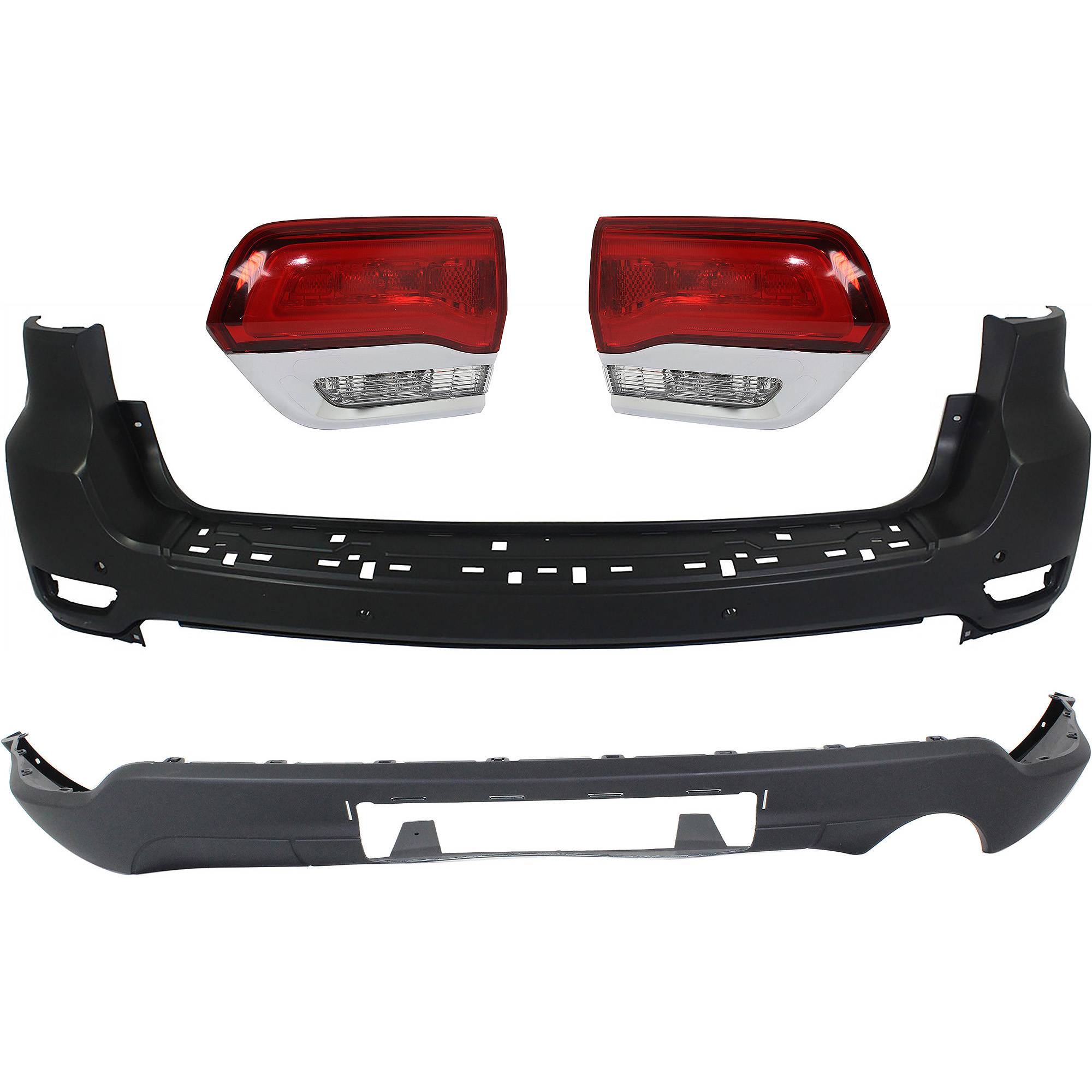 AM GRAND CHEROKEE 14-15 TAIL LAMP RH AND LH Inner Assembly Halogen 4 pc Kit with Bumper Cover SKU KIT 092923-16 Partslink CH2802105 CH2803105 CH1195102 CH1100954 OEM 68110046AH 68110047AH 68111468
