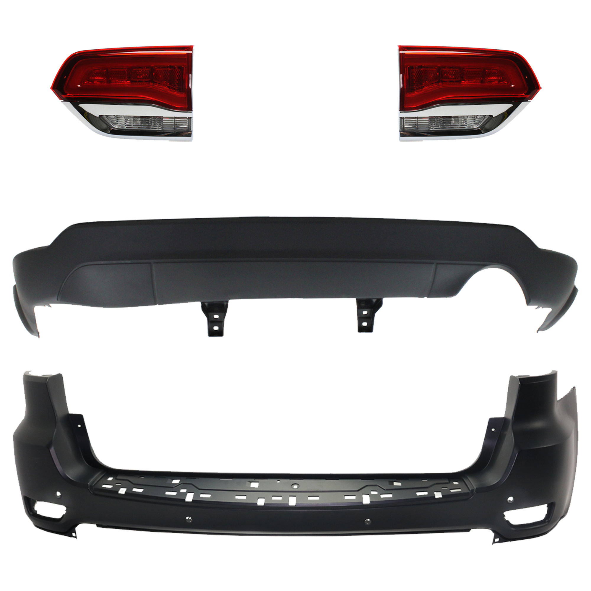 AM GRAND CHEROKEE 14-21 GRAND CHEROKEE WK 22-22 TAIL LAMP RH AND LH Inner Assembly Halogen 4 pc Kit with Bumper Cover SKU KIT 092923-17 Partslink CH2802105 CH2803105 CH1195101 CH1100A25 OEM 68110046AH 68110047AH 68111467